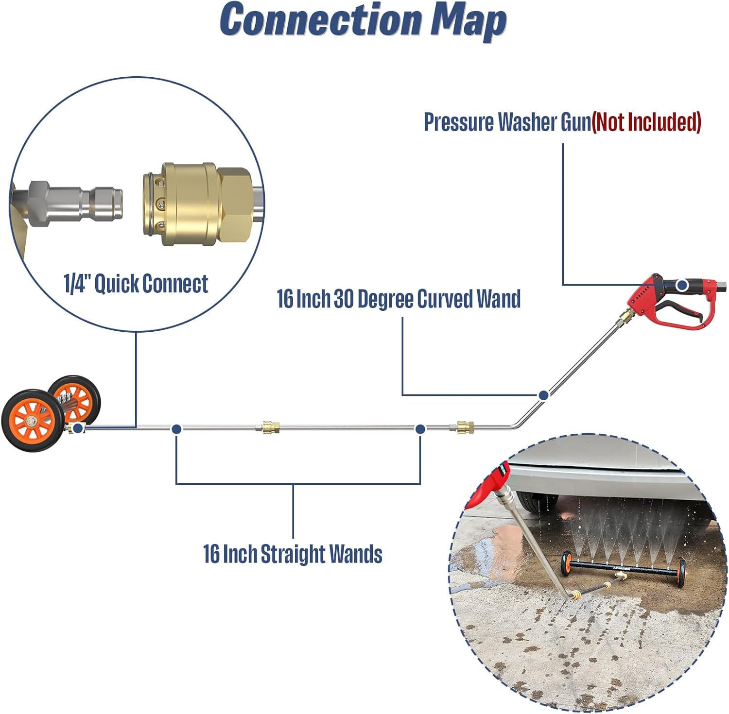 Undercarriage Pressure Washer Attachment, 24" Water Broom and Under Carriage Car Cleaner, Electric Power Wash Accessories with 3 Pieces Extension Wand, 1/4" Connector, 4000 PSI, Black