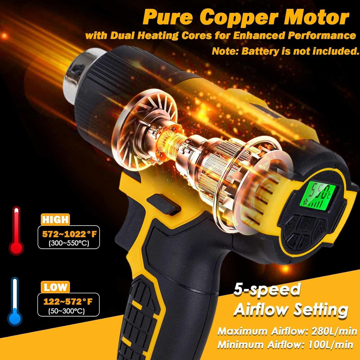 Cordless Heat Gun Compatible with Dewalt 20V Battery, LED Light, 350W Fast Heating Hot Air Gun Variable Temperature 122℉-1022℉, for Shrink Tubing, Paint Removal, Tube Bending (Tool Only, NO Battery)