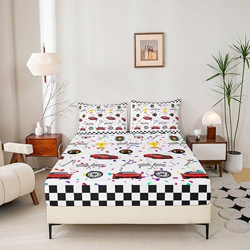 Miniatura 5 de Juego de sábanas de 3 piezas con diseño geométrico a cuadros de coche de carreras rojo para niños, niñas y adultos, juego de sábanas coloridas de 3
