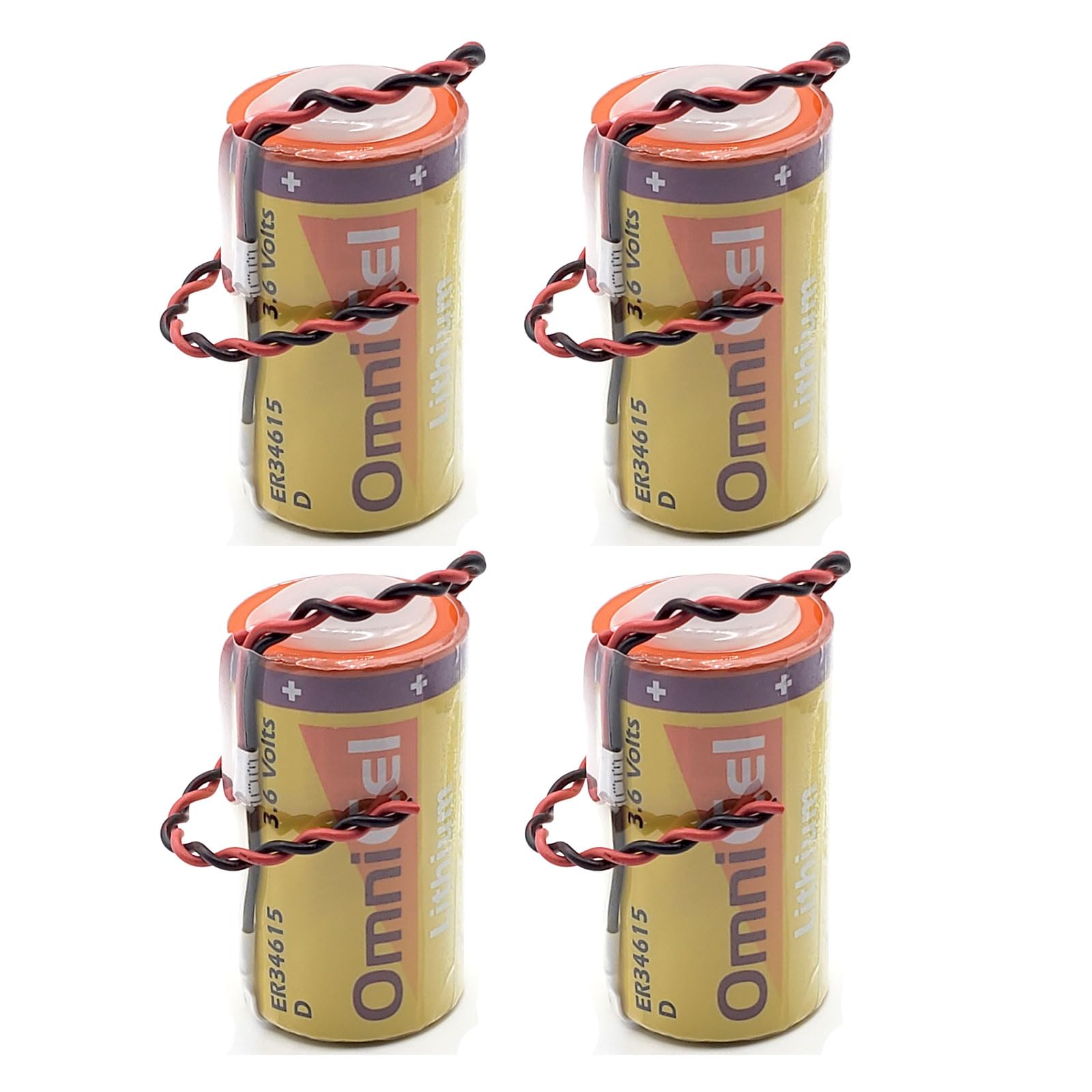 4x OmniCel ER34615 3.6V 19Ah Size D Lithium Battery with Wire Leads For Carbon Monoxide Detectors, Intrusion Sensors, Invisible Fencing, Emergency Backup, Data Collection, AMR Add-ons