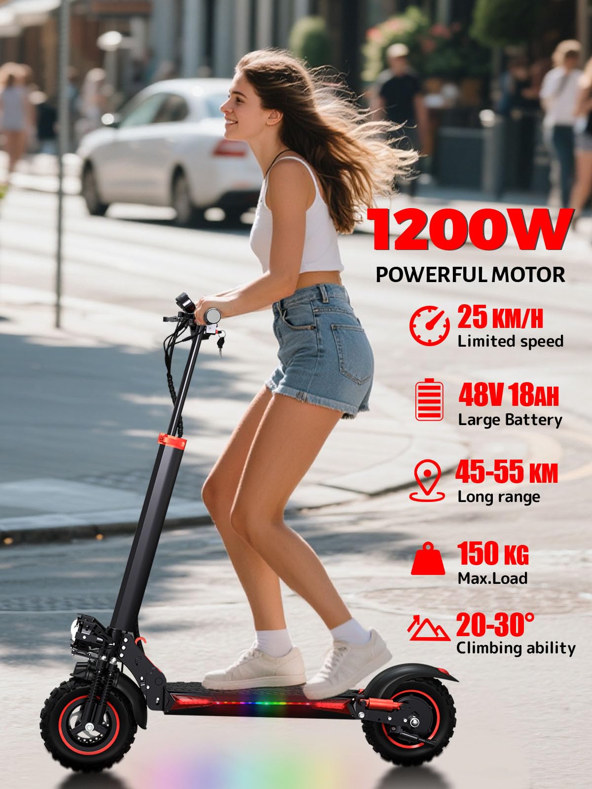1200W Patinete Electrico Adultos Plegable E-Scooter - 45-55km Autonomía, 11" Neumáticos Todo Terreno Patinetes Eléctricos Todoterreno, IPX5,Doble Frenos & Suspensión, 3 Modos Velocidad, Carga 150 kg