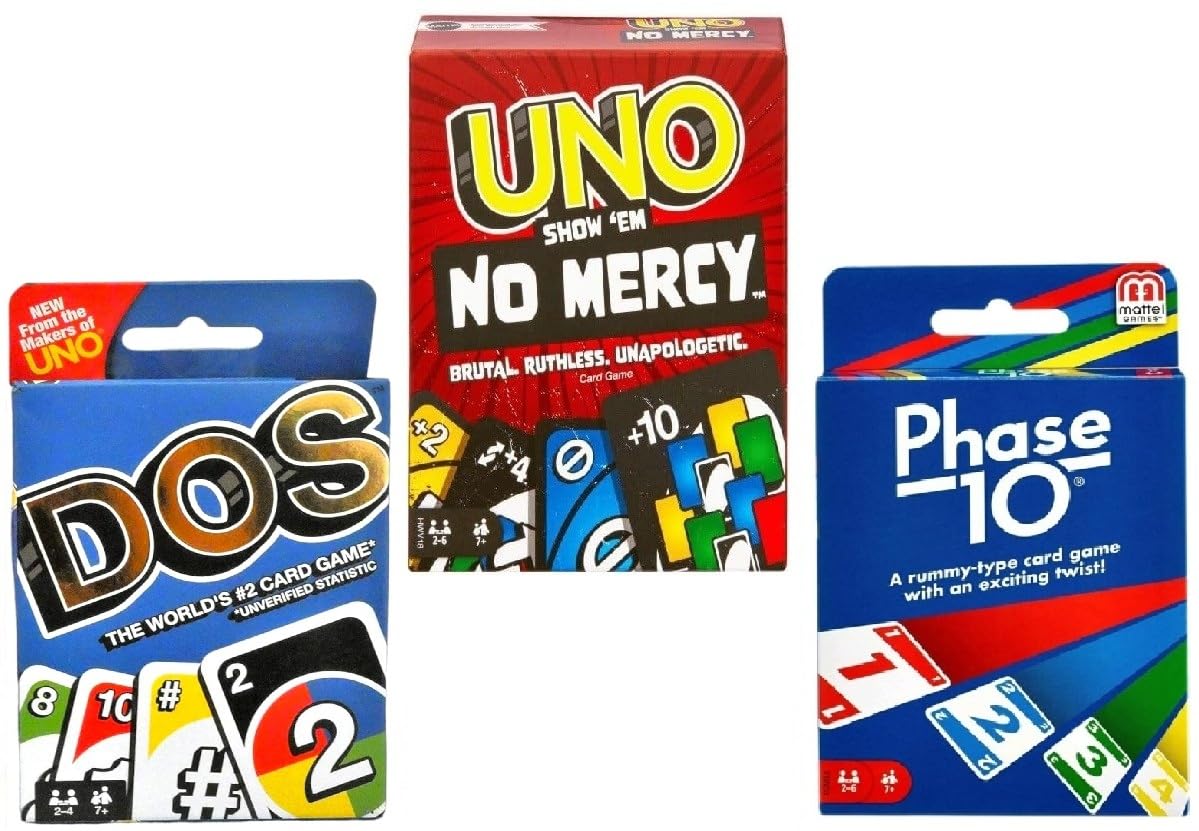 Mattel Uno No Mercy, Dos and Phase 10 Lot de 3 jeux de cartes