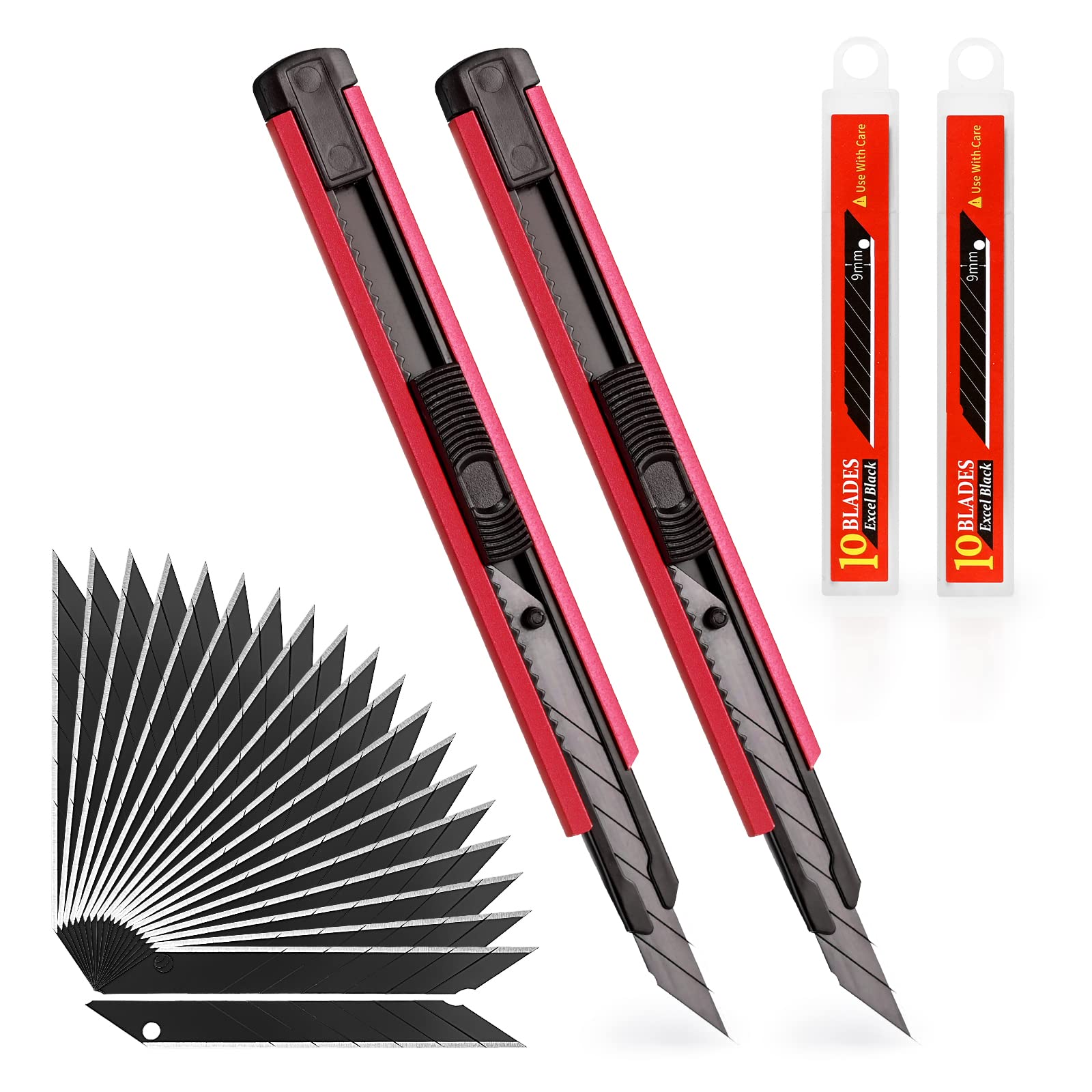 EHDIS 2 Piezas Cúter Profesional con 20 Piezas Cuchillas de Recambio, Cutter de Carcasa de Aluminio, Snap-Off de Cuchillo Gráfico SK5 de 9 mm 30°, Sistema de Bloqueo, para Cortar Papel, Cartón, Rojo