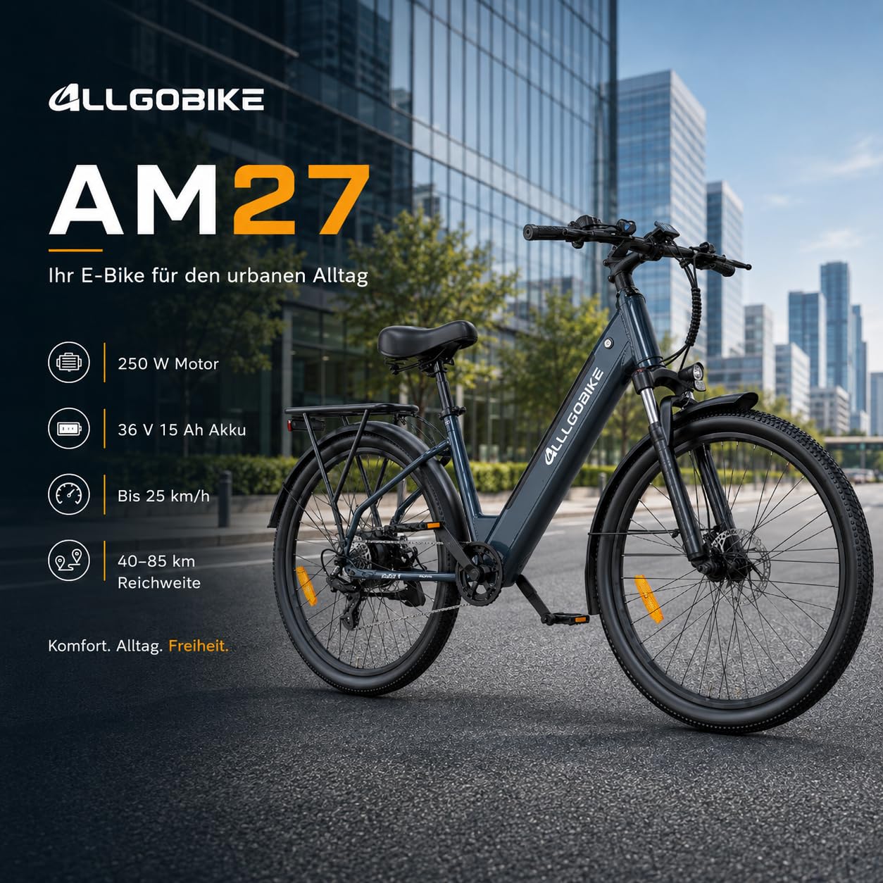 AM27 Elektrofahrrad 27,5 Zoll E-Bike für Damen und Herren 250W Motor 36V 15Ah Akku 25 km/h 7-Gang-Schaltung 3 Unterstützungsstufen Scheibenbremsen LED-Beleuchtung