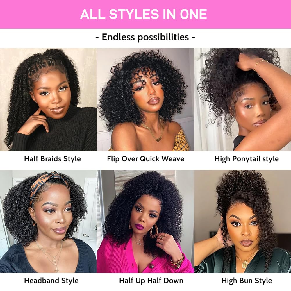 SKYDO Kinky Curly Half Wig Human Hair – 3 in 1 Headband & Flip Over,Glueless Drawstring Wear and Go,250% Density, Natural Color 18Inch