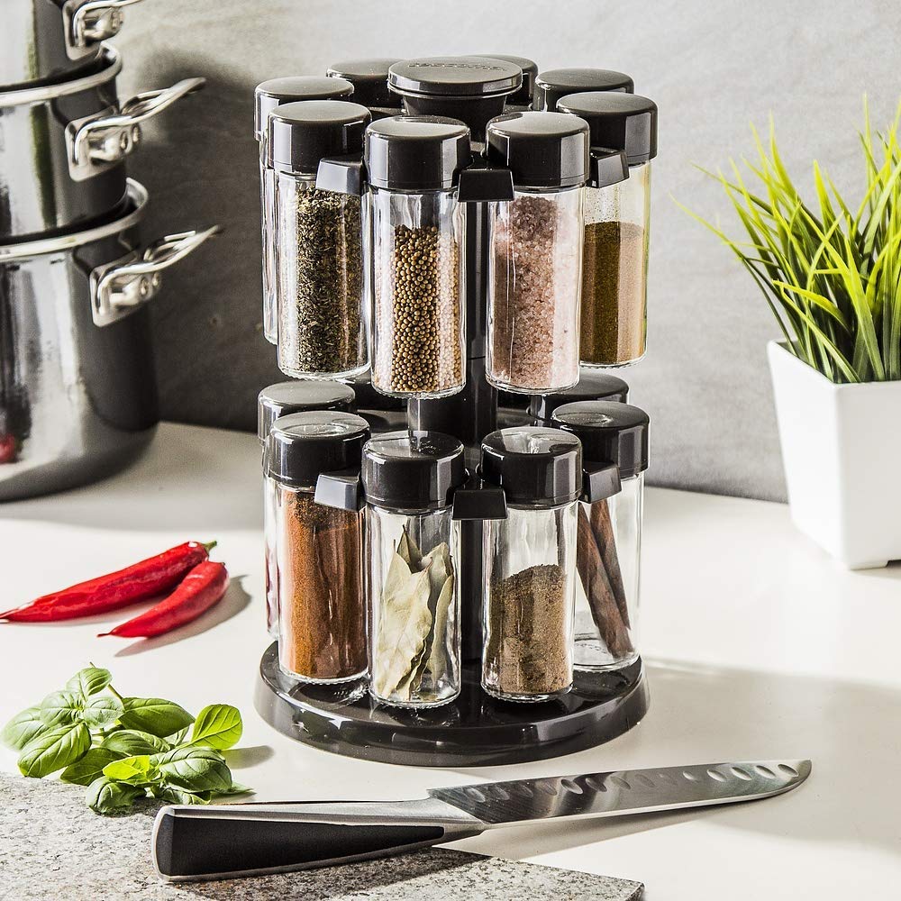 Tescoma Spice Jars in Rotating Stand 16 Pcs, Anthracite Season, 18.3 x 18.3 x 29.3 cm, Assorted