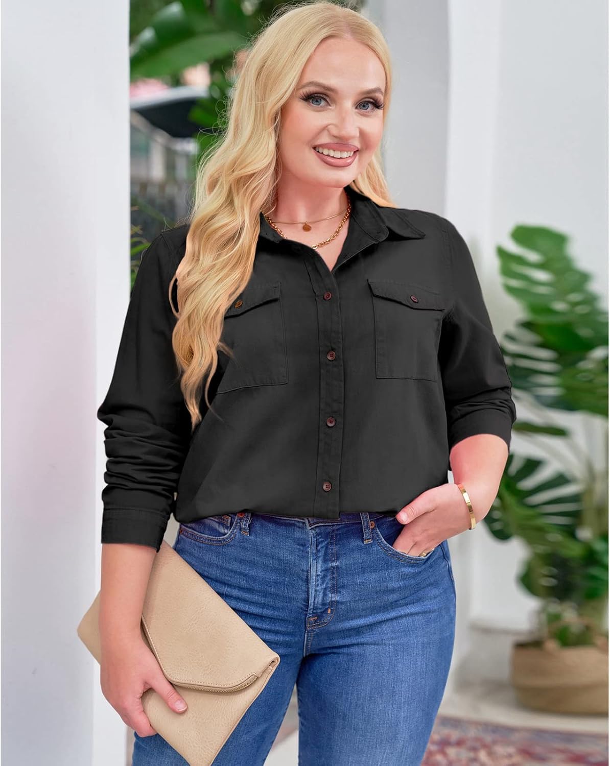 Vetinee Women's Button Down Denim Shirt Collared Casual Long Sleeve Pocket Tops - Image 7