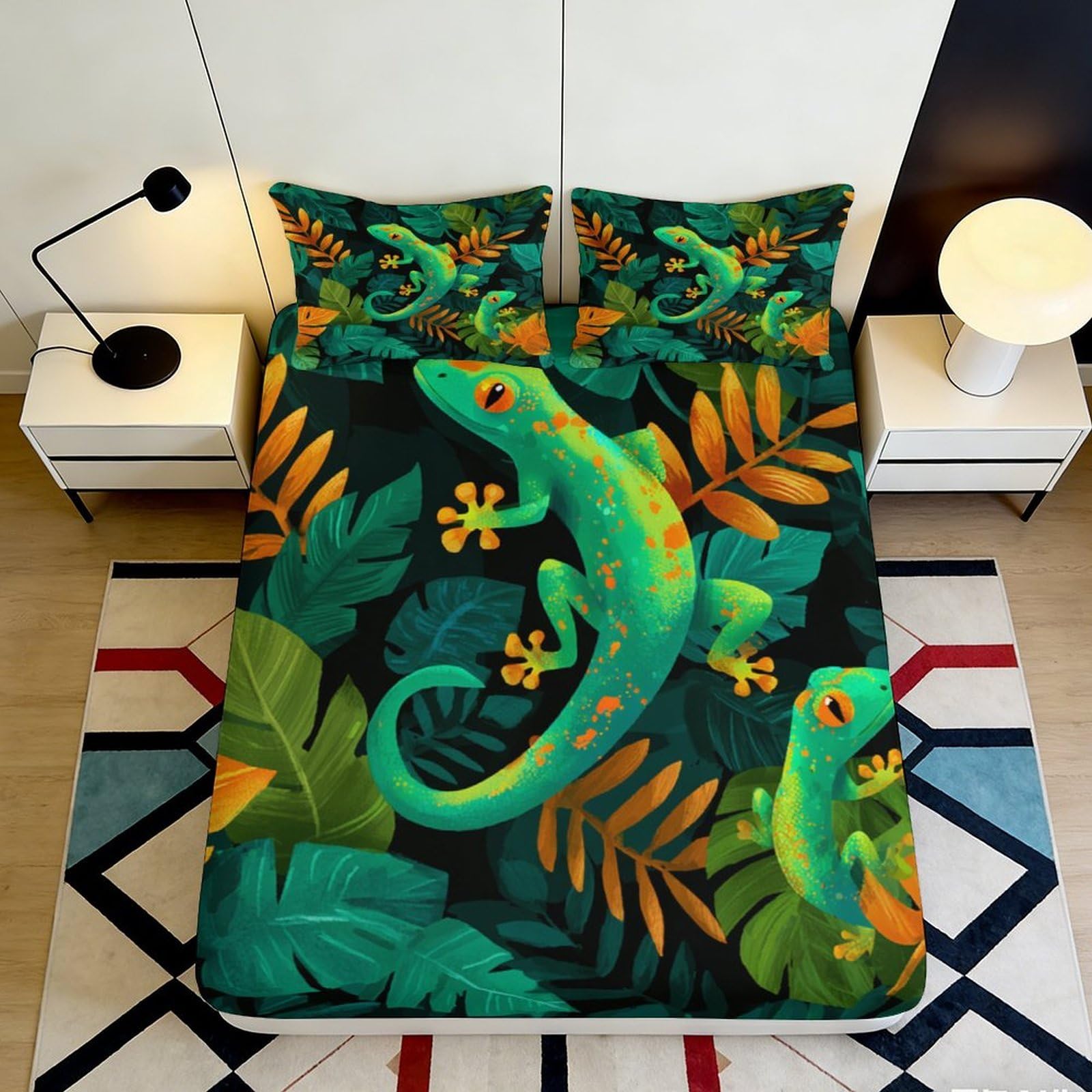 3D Printed Tropical Lizard Fitted Sheet Microfiber Deep Pocket Bedroom Bedding Tropical Animal Mattress Fitted Cover Non-Slip Full Wrap Washable 140x200x25cm