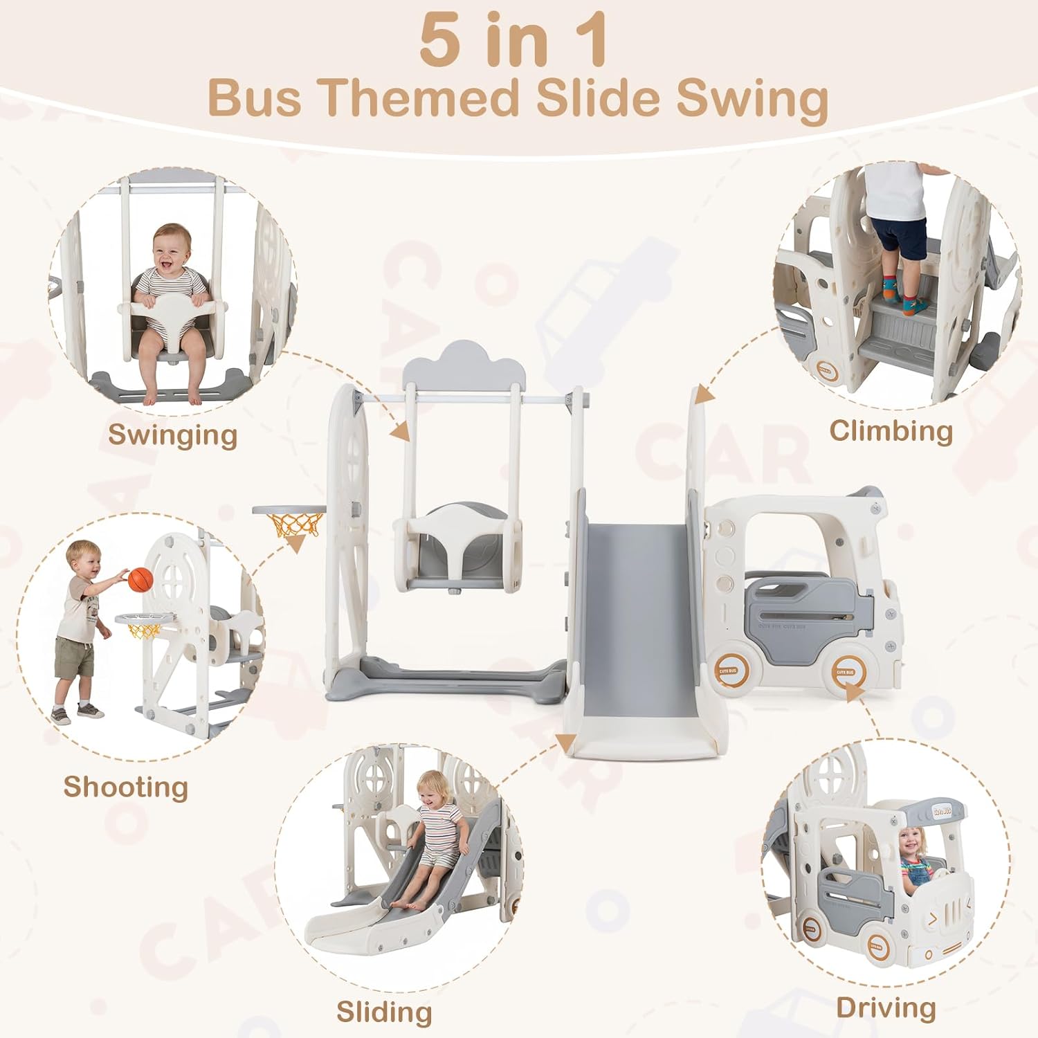 OLAKIDS Toddler Slide and Swing Set, 5 in 1 Bus Themed Baby Slide with Climber Basketball Hoop Car Playhouse for Indoor Outdoor Boys Girls Aged 3+ (Grey)
