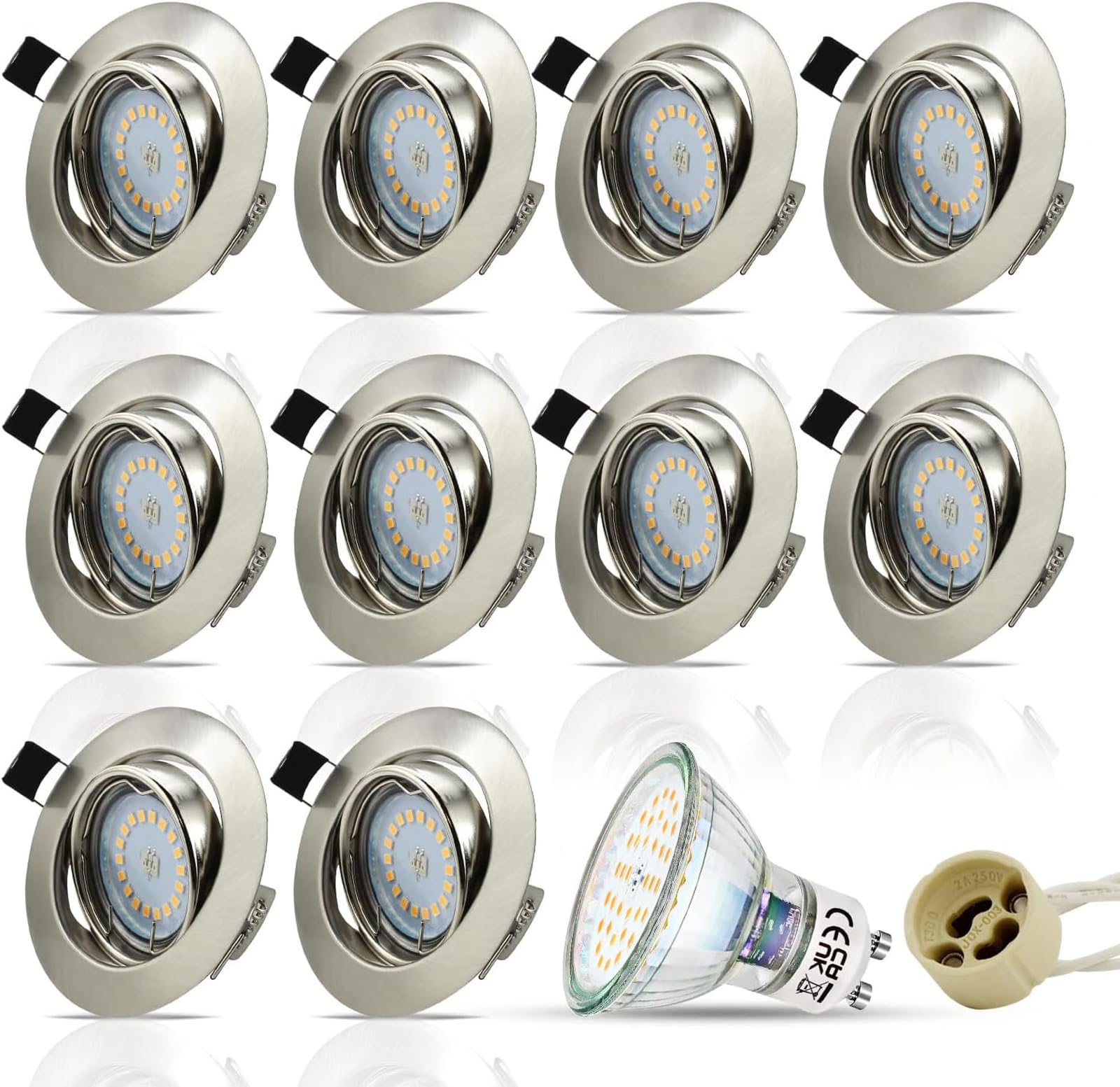 HiBay Spot LED Encastrable GU10,10x 5W Blanc Chaud 3000K Orientable 30°,Éclairage encastré Inox Trou 68mm 220V,Avec 4 Cadre Spot encastrable,Ampoules douille gu10