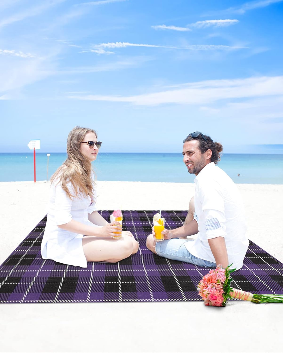 Retro Purple Black Plaid Beach Blanket Waterproof Sandproof Outdoor Picnic Mat 83"x79" Vintage Lattice Lightweight Large Beaach Blankets with 4 Stake & 4 Corner Pockets