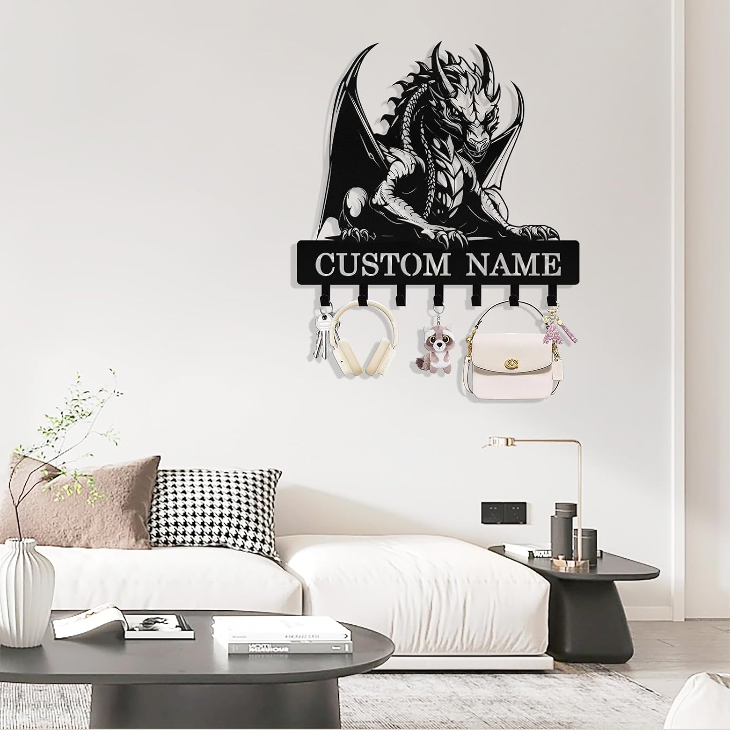 Personalized Dragon Key Holder Wall Mount, Custom Metal Key Holder for Wall with Name, Keys Rack Hanger with Hooks for Entryway, Front Door, Hallway, Living Room, Kitchen