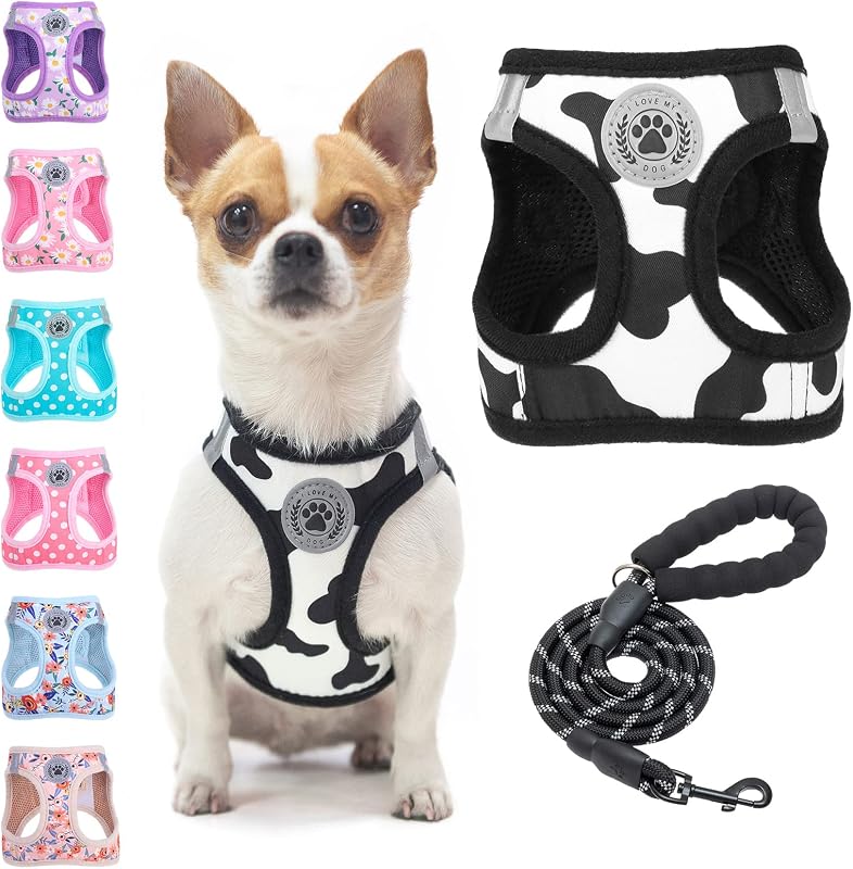 Peitoral Vest BEAUTYZOO para Cães Pequenos com Guia Refletiva, Estampa de Vaca, 2XS