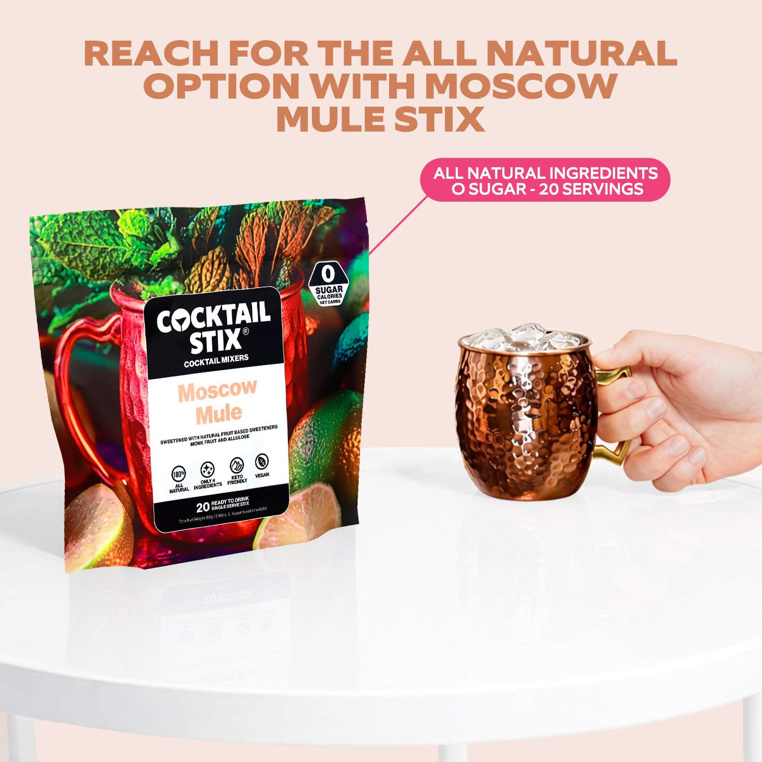 Cocktail Stix Zero Sugar Moscow Mule Mixer - Cocktail & Mocktail Drink Mixer - Skinny Mixes - Water Flavoring Packets - Vegan - No Calories, No Carbs, No Sugar - Non-GMO - 20 Pack