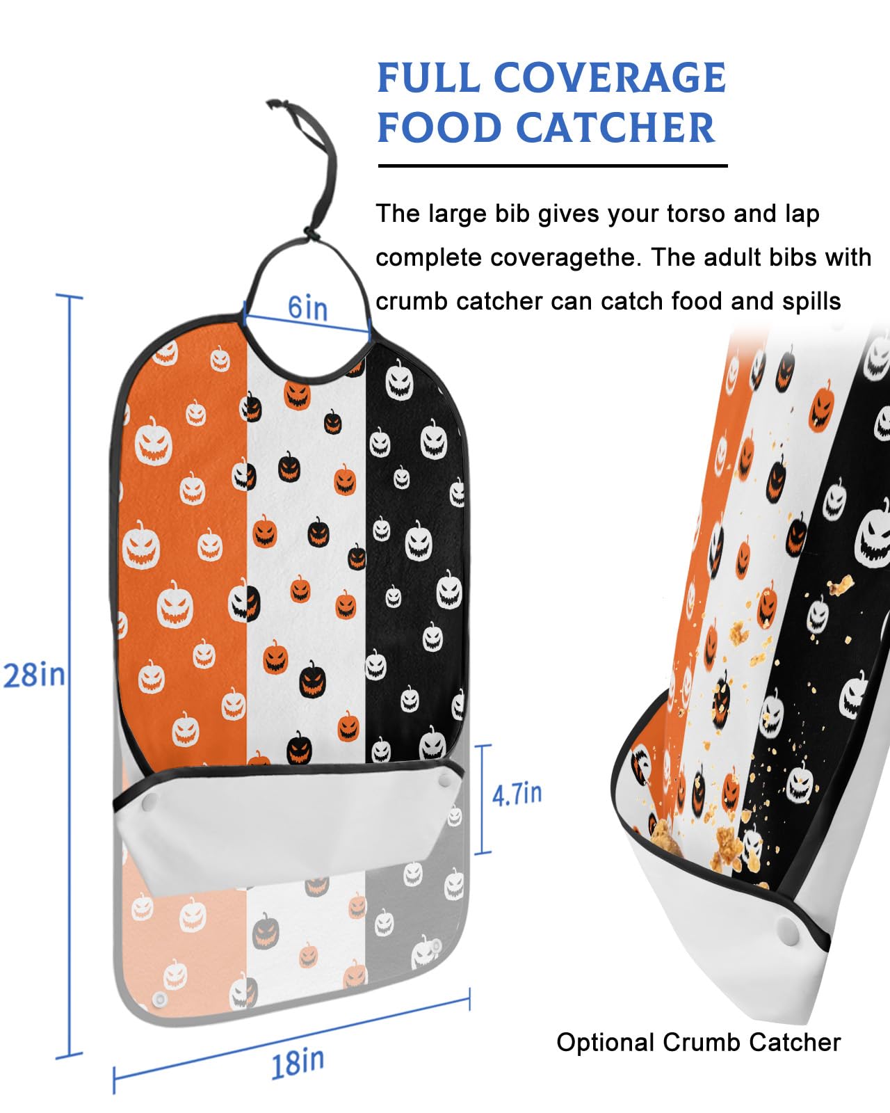 LEOKOTI Halloween Adult Bibs for Eating, Waterproof Bibs with Food Catcher & Adjustable Snap Closure, Orange White Black Striped Pumpkins Washable Clothing Protectors Adult Bibs for Elderly Women/Men