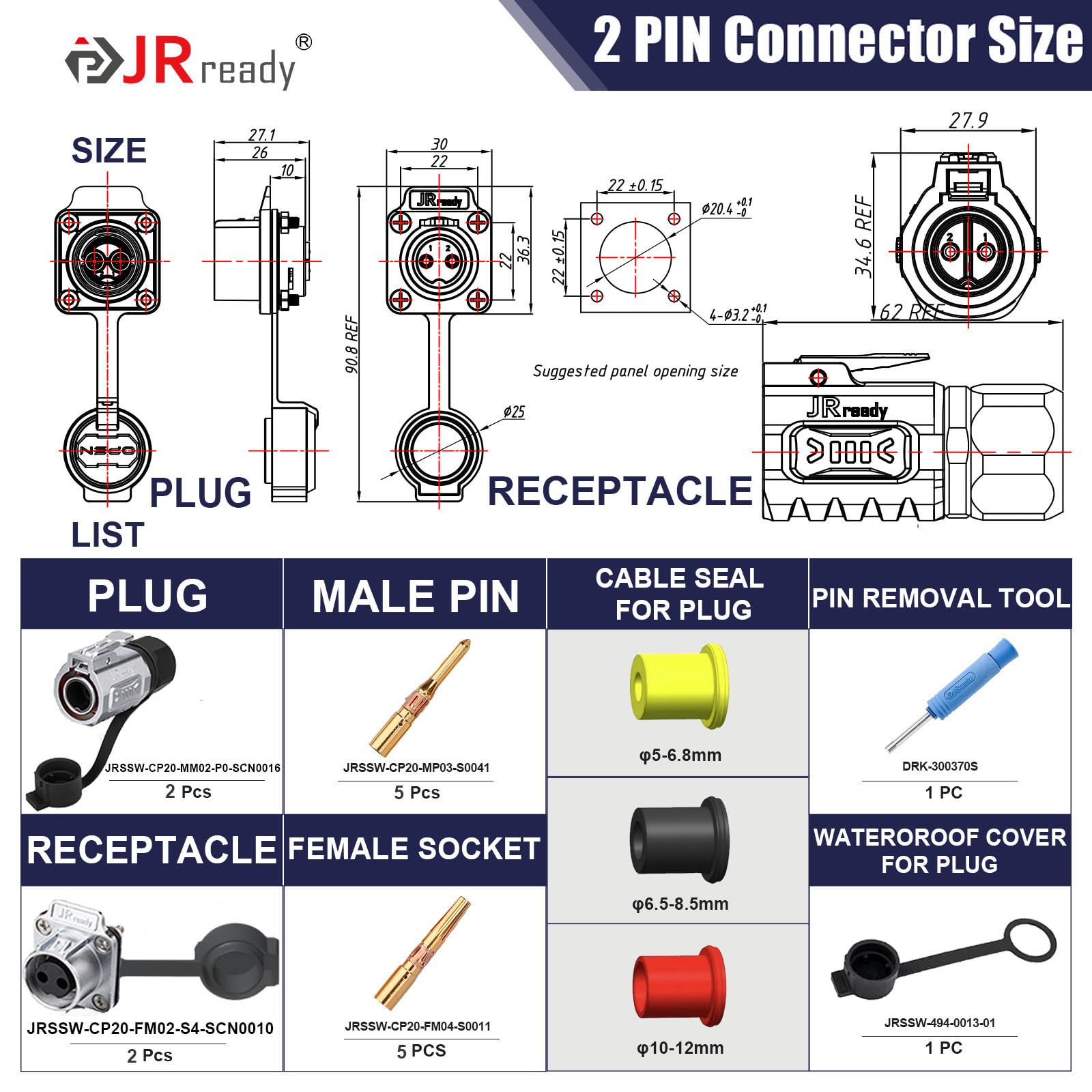 JRready Kit de conector industrial eléctrico impermeable de 2 pines, terminales sólidos chapados en oro 14-18 AWG con 2 pares (macho/hembra) conector de enchufe de metal IP68 para automoción