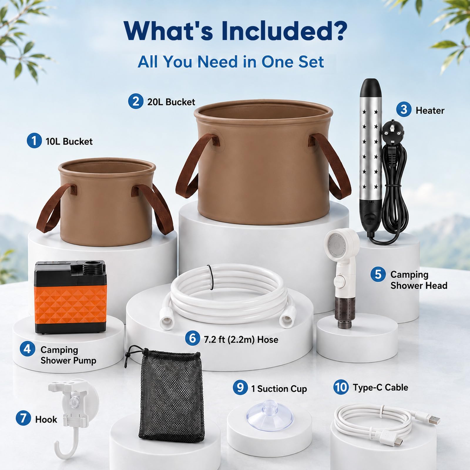 Douche de camping avec tige chauffante, douche d'extérieur avec pompe batterie 5200 mAh, kit pompe de douche avec fonction chauffage et réservoir d'eau de 20 l, pompe de camping pour voyage