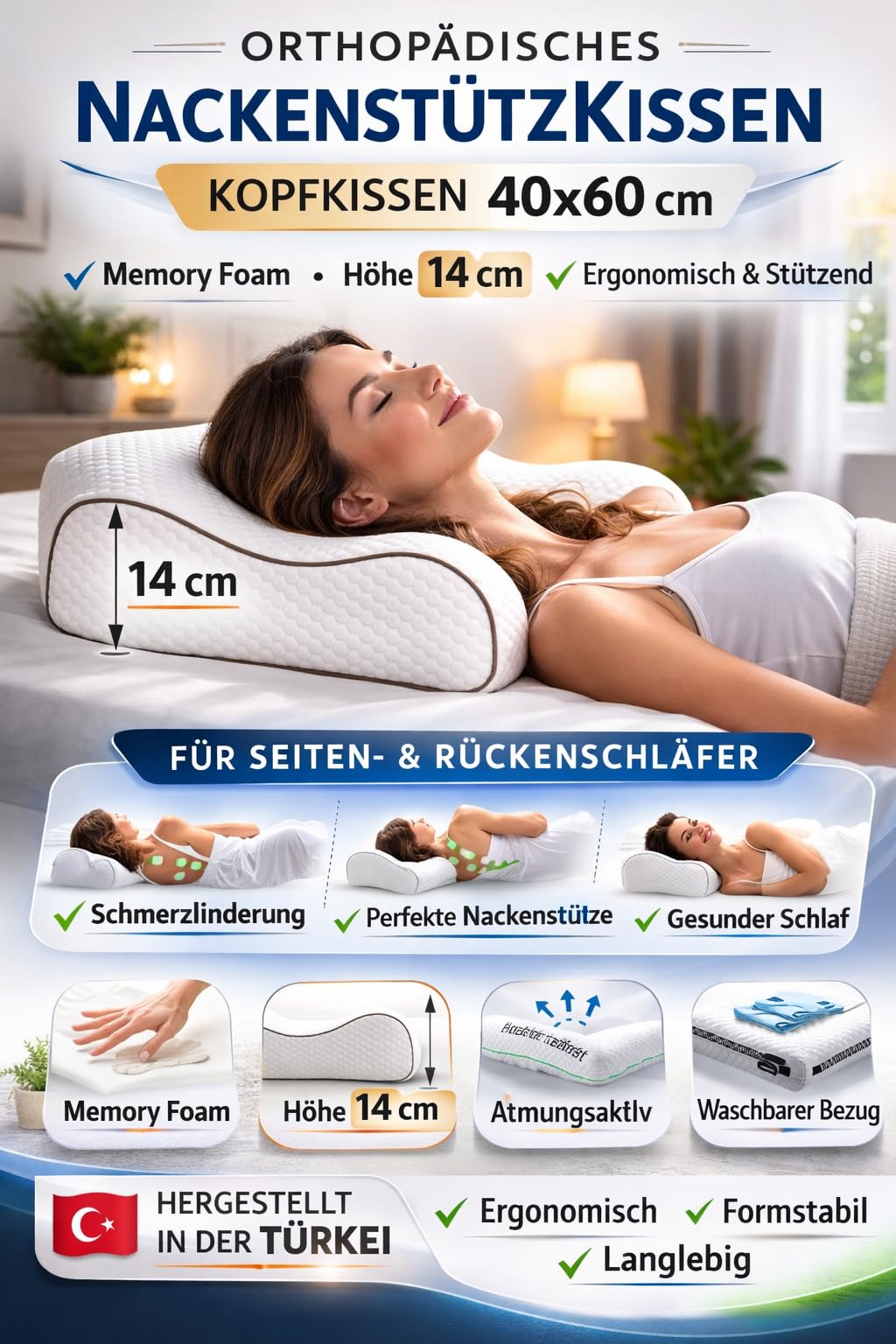 ELY PARKER Almohada ortopédica de apoyo cervical, 40 x 60 cm, espuma viscoelástica para dormir de lado, altura regulable, 12 a 14 cm, almohada cervical ergonómica fija (2 unidades)