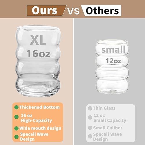 Miniatura 6 de KEMORELA 2 vasos de bebida de burbujas onduladas con pajitas, vasos de vidrio vintage de 16 onzas, vasos de café helado estéticos, cristalería