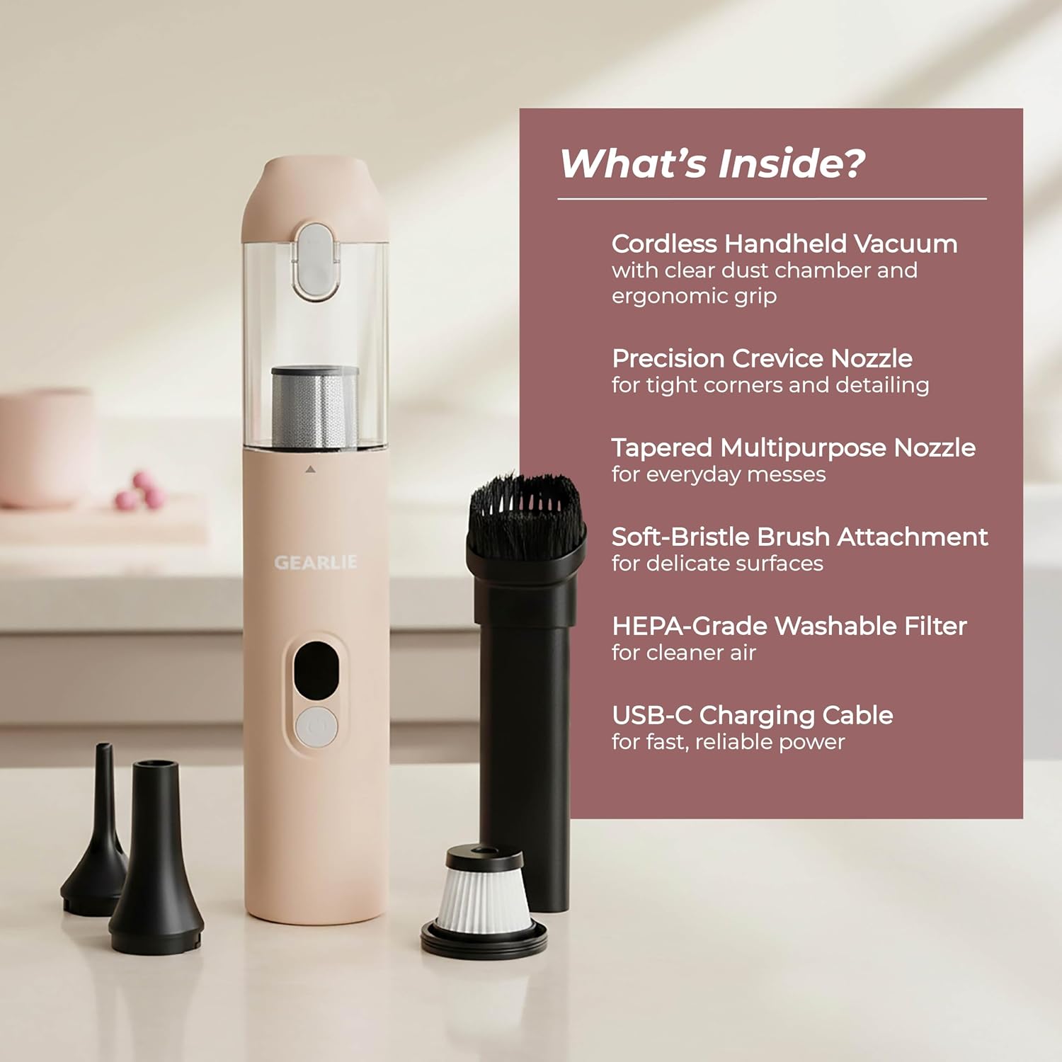 GEARLIE™ PortalVac, Handheld USB-C Rechargeable Vacuum, Clear Dust Chamber, 3 Interchangeable Nozzles, Washable HEPA-Grade Filter, Quite Motor, Blush-Toned, Peach, Pretty and Practical