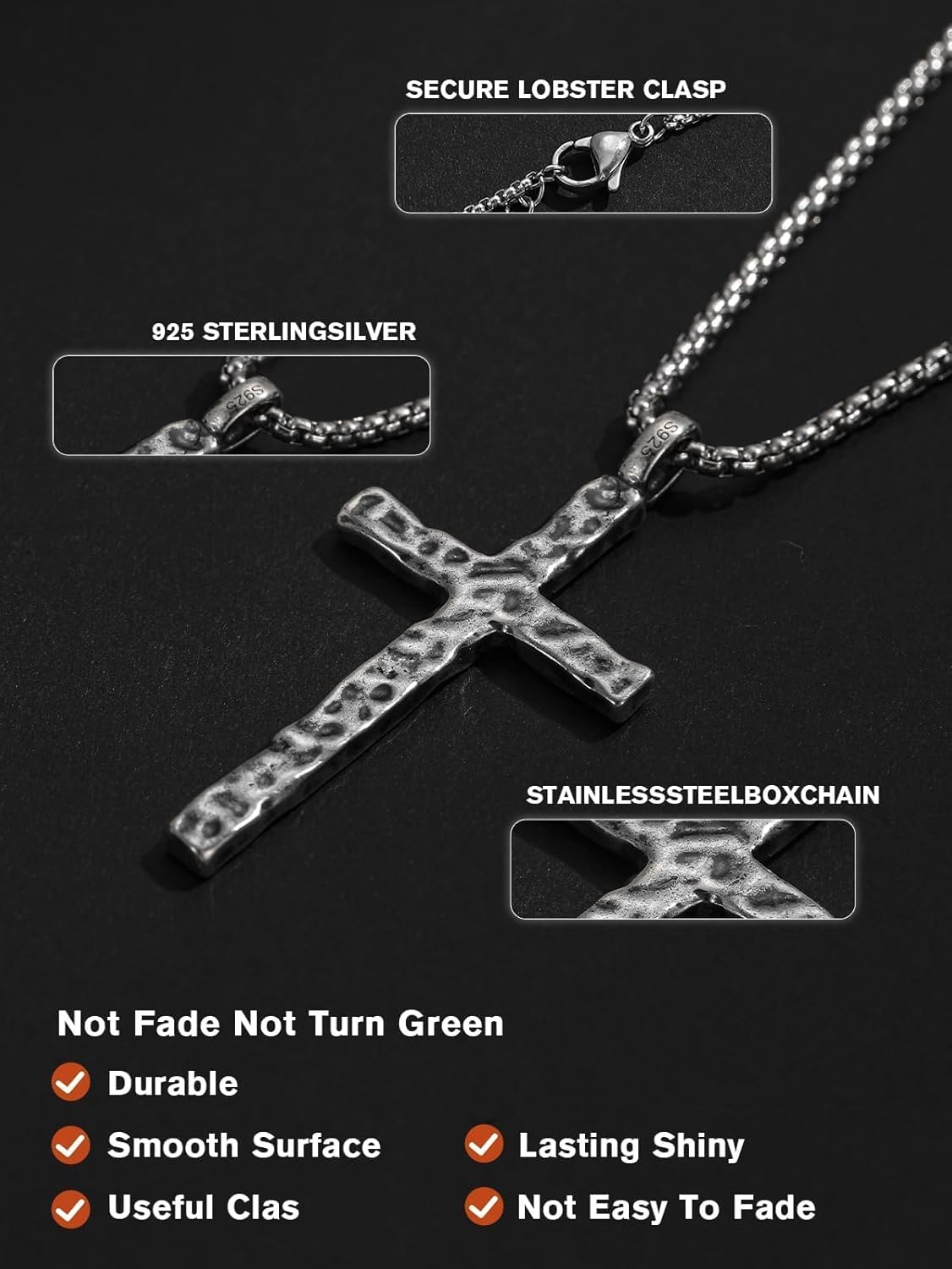 925 Sterling Silver Cross Necklace for Men, 1.57 Inch Oxidized Antiqued Cross Pendant with 20+2 Inch Adjustable Steel Box Chain, Vintage Style Cross for Men Women - Image 3