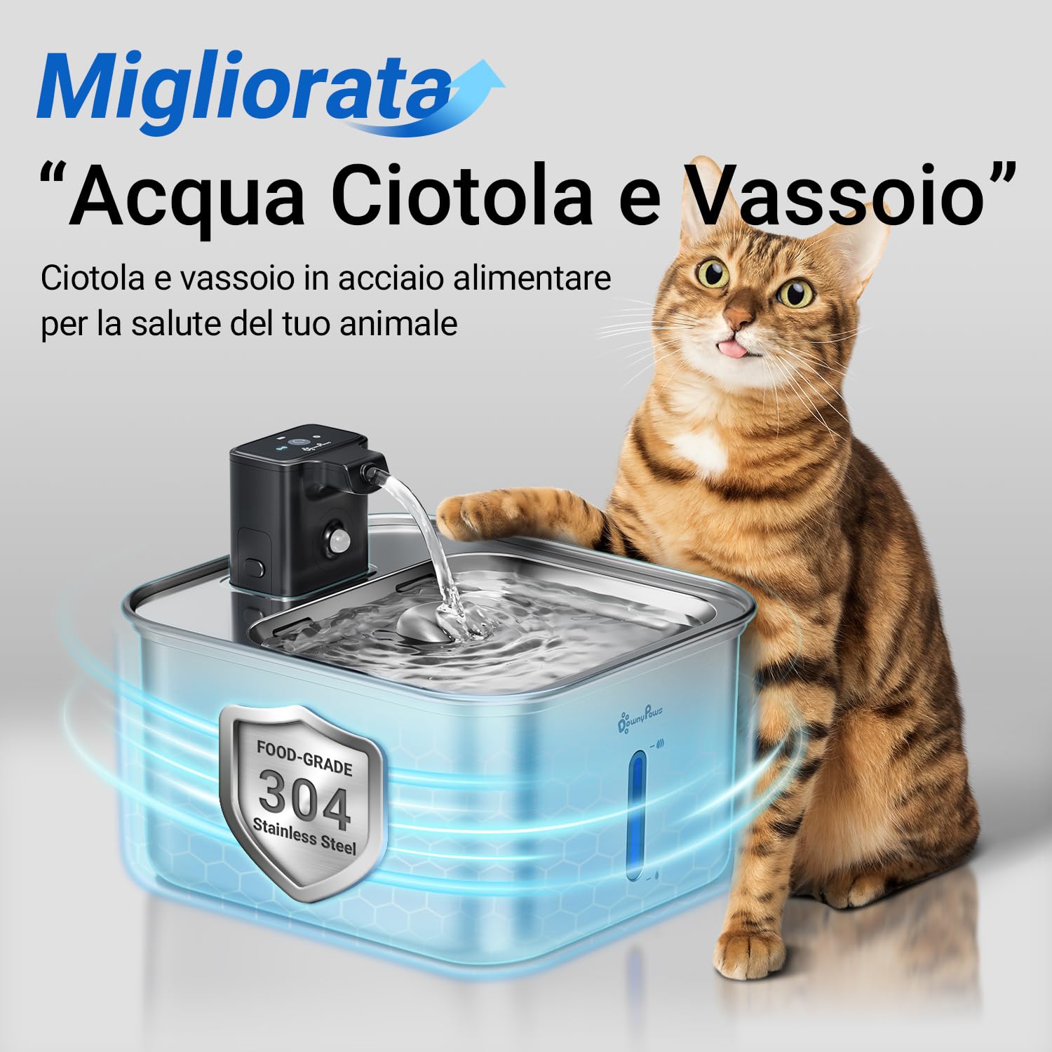 DownyPaws Fontanella per Gatti in Acciaio Senza Fili a Batteria, Fontana Gatto con Sensore di Movimento, 3L Fontanella Acqua Gatto e Lavabile in Lavastoviglie, Nero