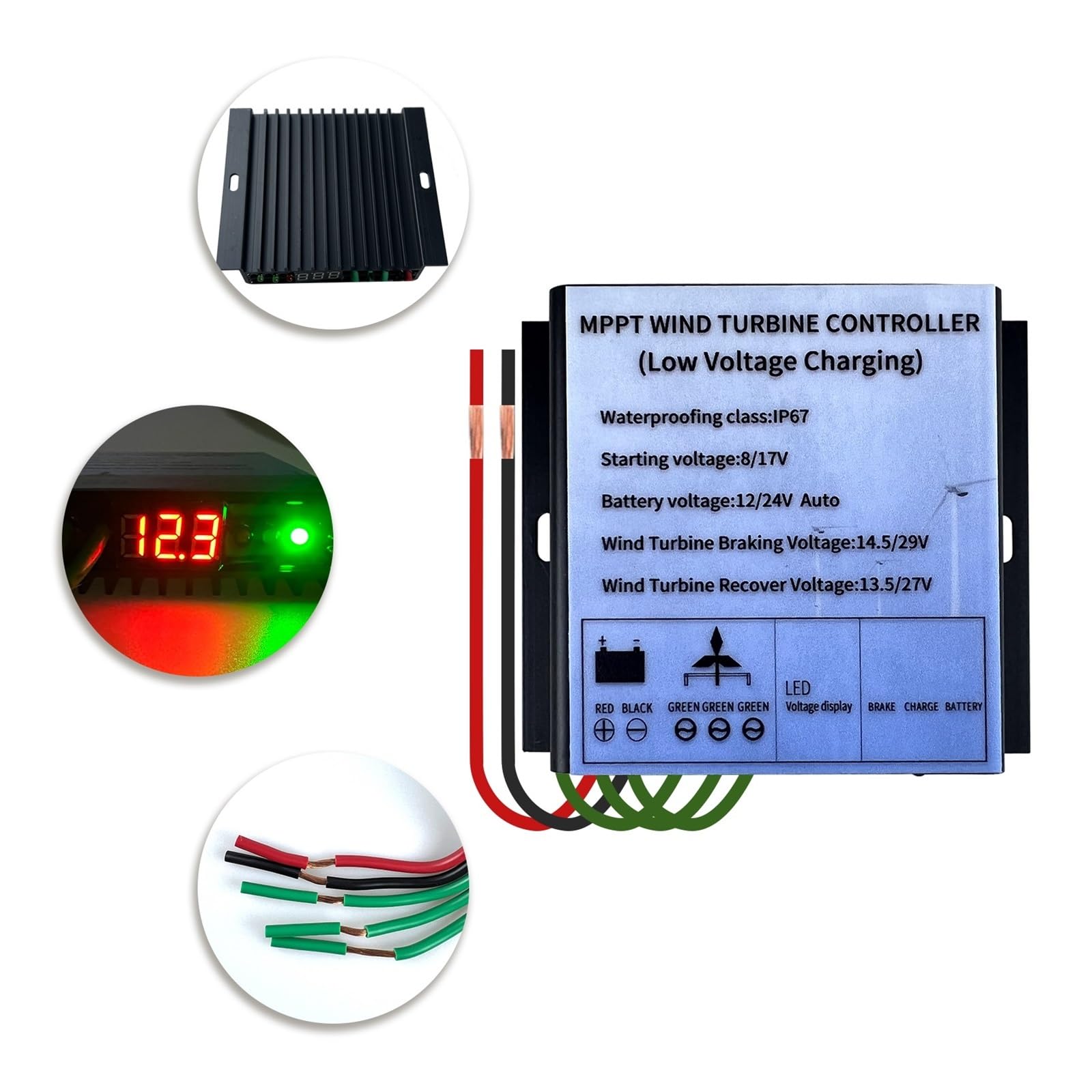 12V 24V 48V 600W 800W MPPT Kontroler Generatora Turbiny Wiatrowej Kontroler Ładowania Niskonapięciowego IP67 Ekran Napięcia LED(600W,48V)