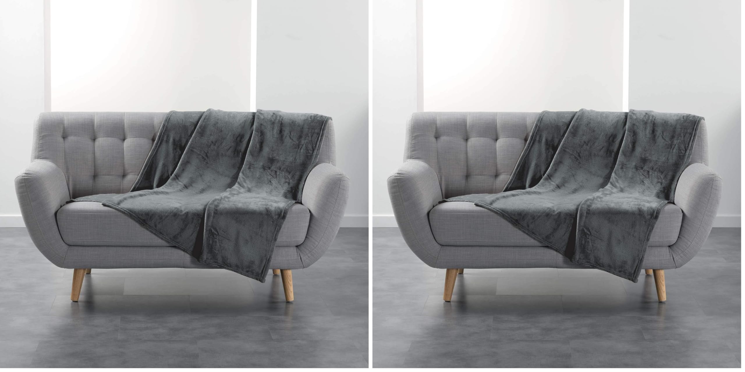 Plaid doux 125x150 cm gris en flanelle unie pour canapé Lot de 2