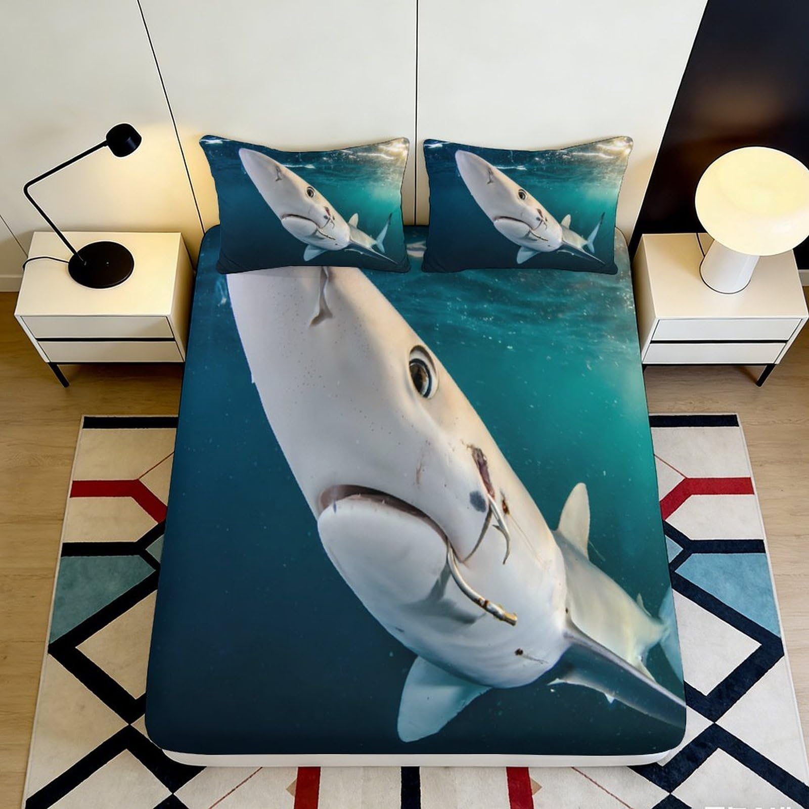 Uxinyoume Style-4 3D Printed Shark Ocean Fitted Sheet Microfiber Soft Anti-Slip Marine Life Bed Cover For Bedroom Guest Room Decor 90X200x25cm