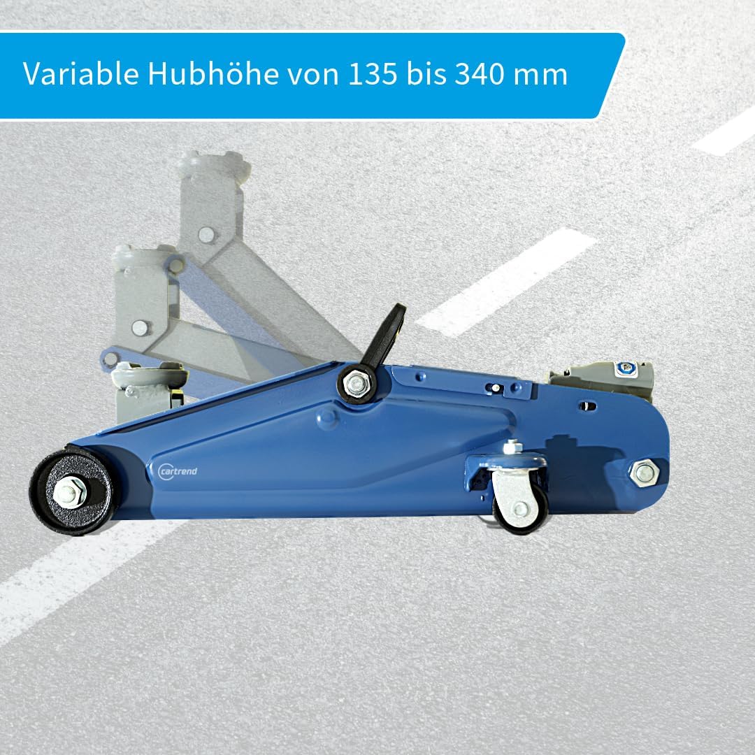 Cartrend Hydraulic Trolley Jack lifting a vehicle for a tire change, indicating 2000 kg capacity