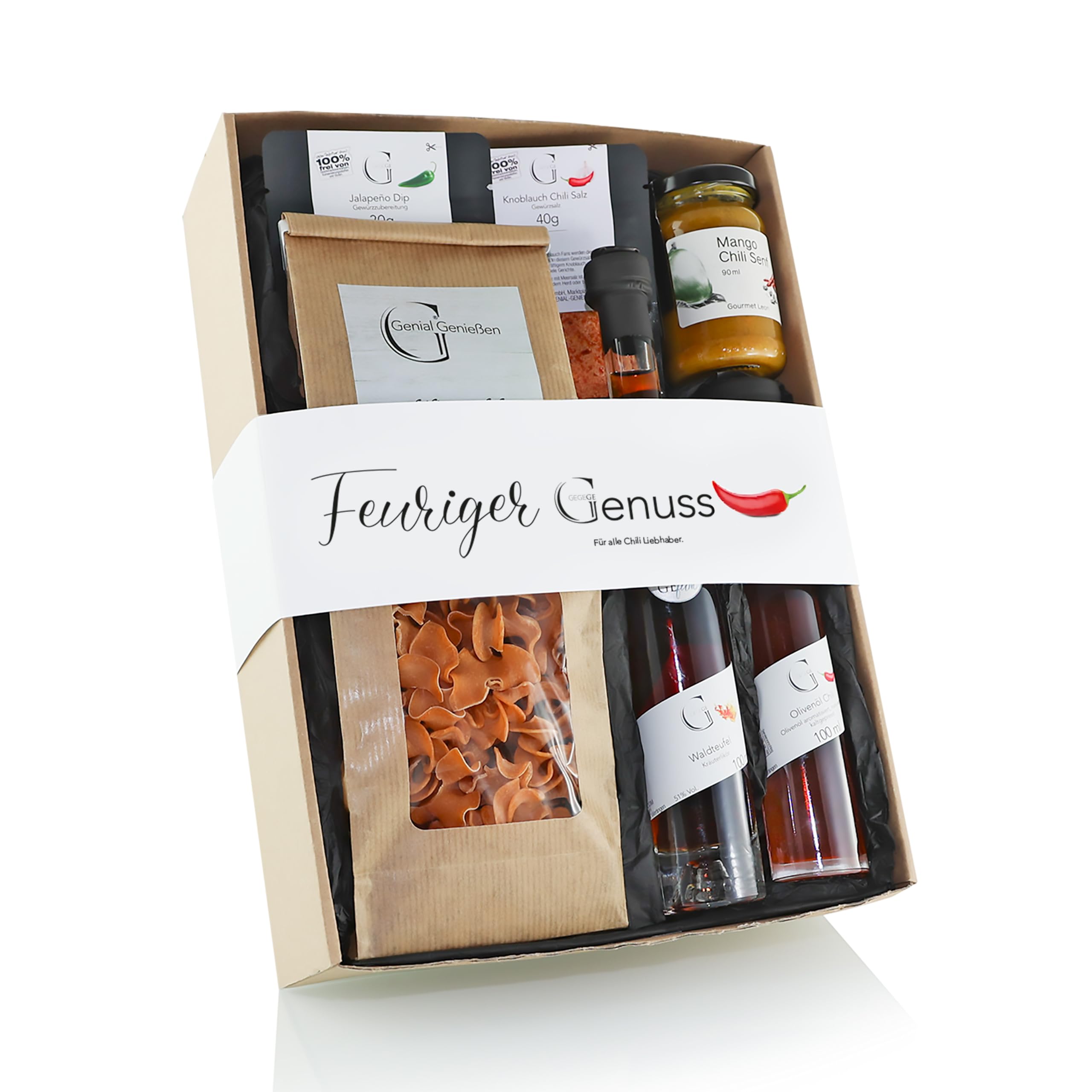 GeGeGe Geschenk-Set FEURIGER GENUSS/Geschenk-Idee für Männer und Frauen die es scharf mögen/Geschenkkorb - feinste Delikatessen zum Verschenken/Feinkost-Spezialitäten Präsent-Korb zum Geburtstag