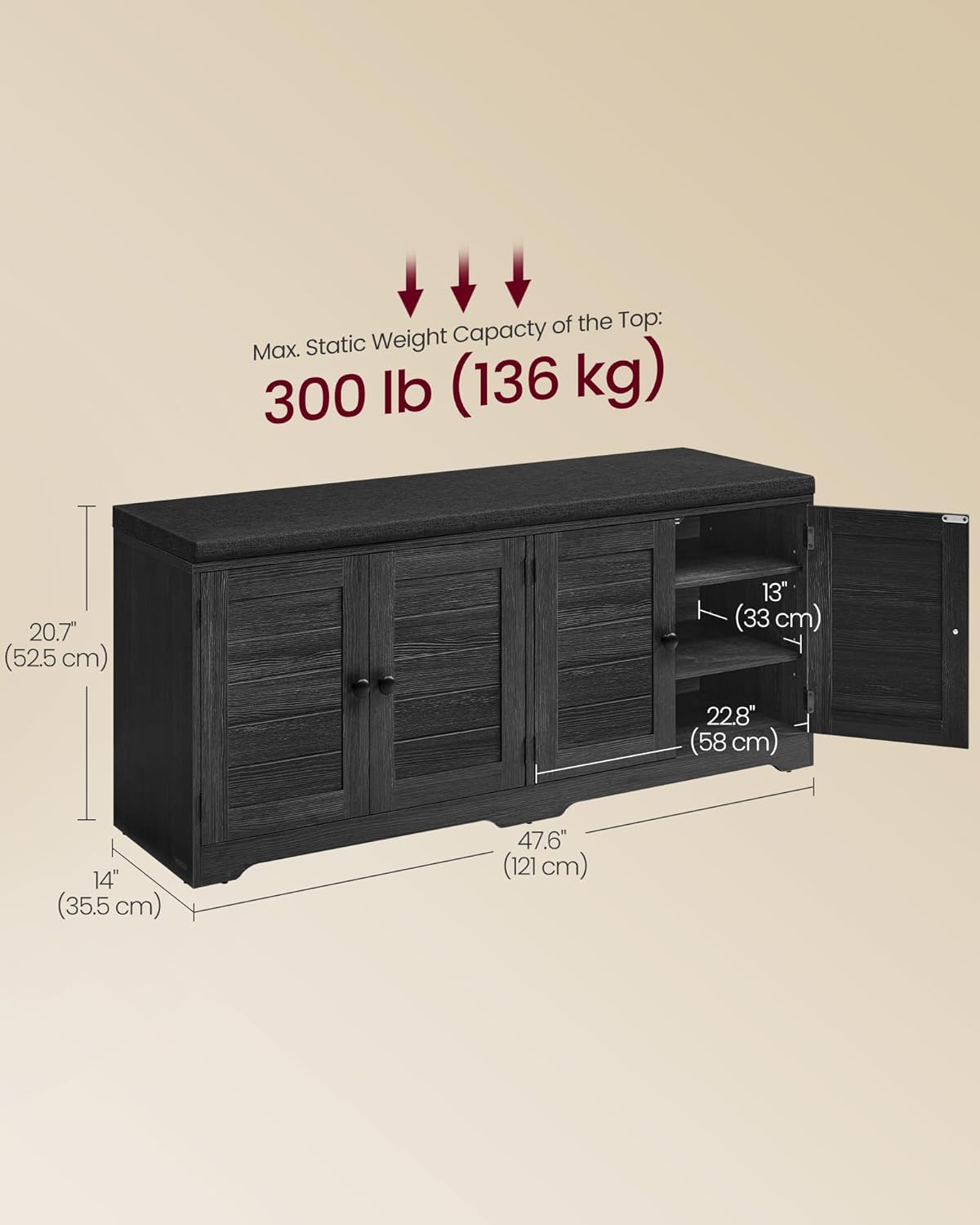 Diagram showing the dimensions of the shoe storage bench