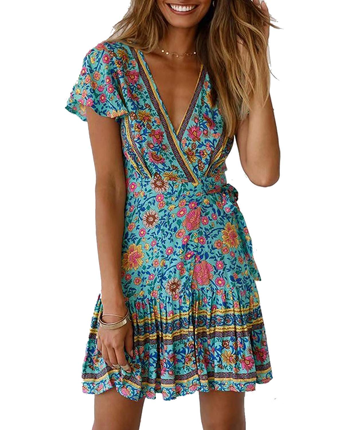 ABYOVRT Mujer Vestido Bohemio Corto Florales Nacional Verano Vestido Casual Magas Cortas Chic de Noche Playa Vacaciones