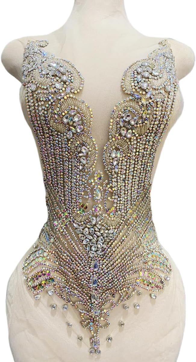 Large Bodice Applique Sequin Rhinestones Fine Appliques Handsewing Crystals and Beads for Dress Clothes Accessories 9.4X23.6inches (Light Purple)