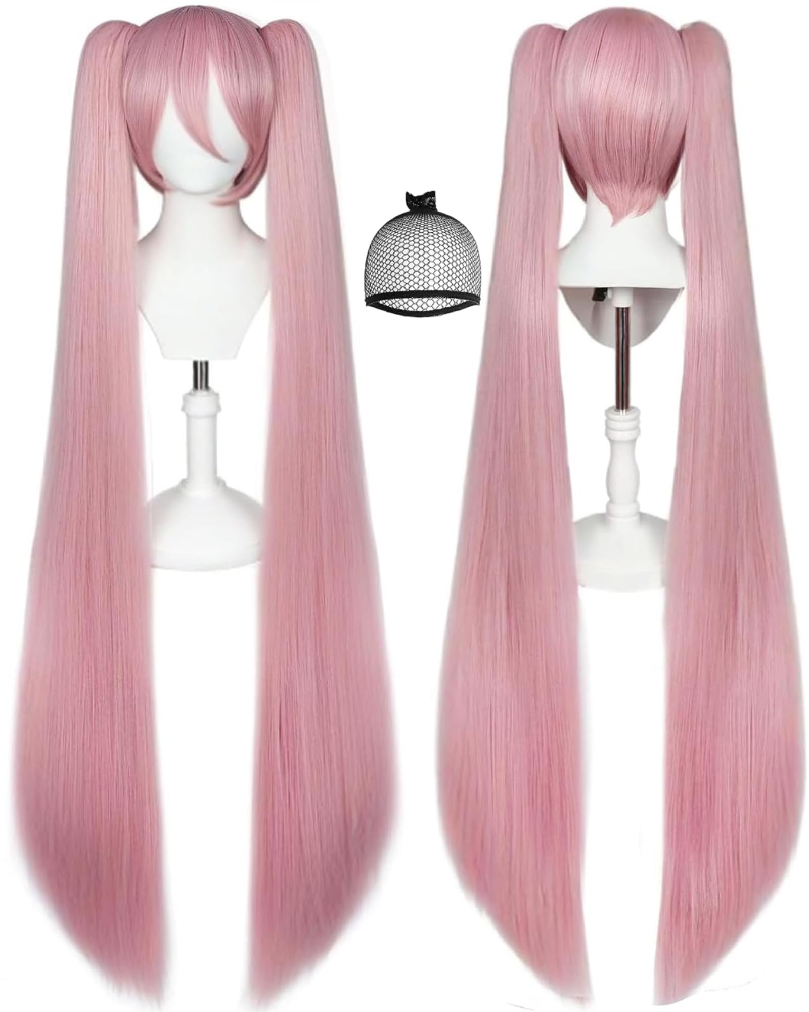 IMEYLE 47 inch/ 120 cm Long Pink Wig with Bangs Peluca Rosa Anime Cosplay Wigs with 2 Ponytails for Women Synthetic Pink Hair Pigtail Wig Long