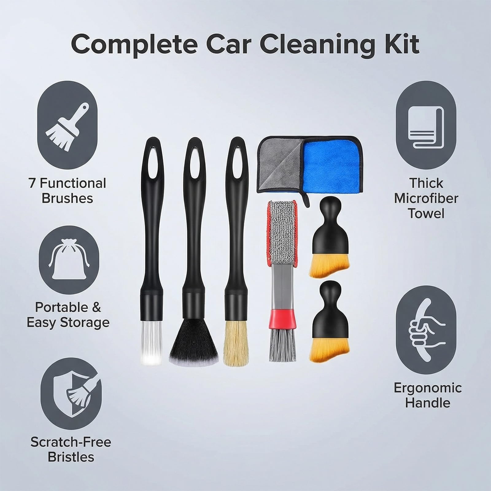 XiDeShop Set de 7 Cepillos de Limpieza para Autos - Kit de Detallado para Llantas, Interiores de Vehículos, Ventilaciones, con Toalla de Microfibra Ultra Absorbente para un Cuidado Completo — view 3