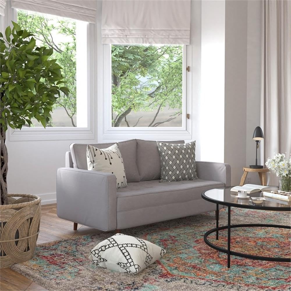 Pemberly Row Mid-Century Modern Compact Upholstered Tufted Loveseat Sofa, Slate Gray Faux Linen Fabric, 62" W x 31.5" D x 27.5"-33" H, Wooden Legs, Foam Cushion, Living Room or Small Space Seating