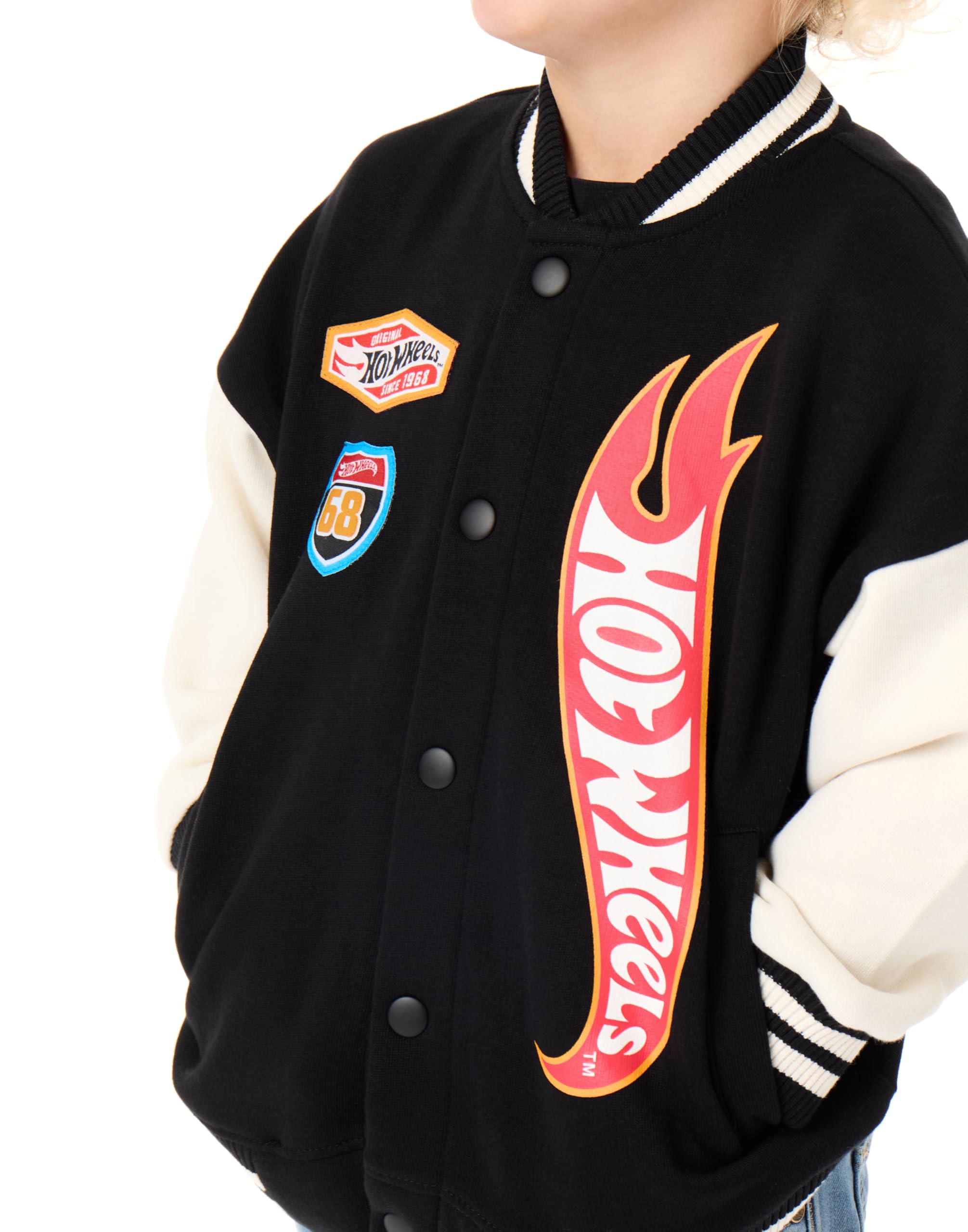 Hot Wheels Giacca Bomber per Bambini | Giacca Varsity con Stampa Grafica Logo Fiamma Nero per Bambini | Giacca per Bambini con Stampa Auto da Corsa Turbo con Cerniera