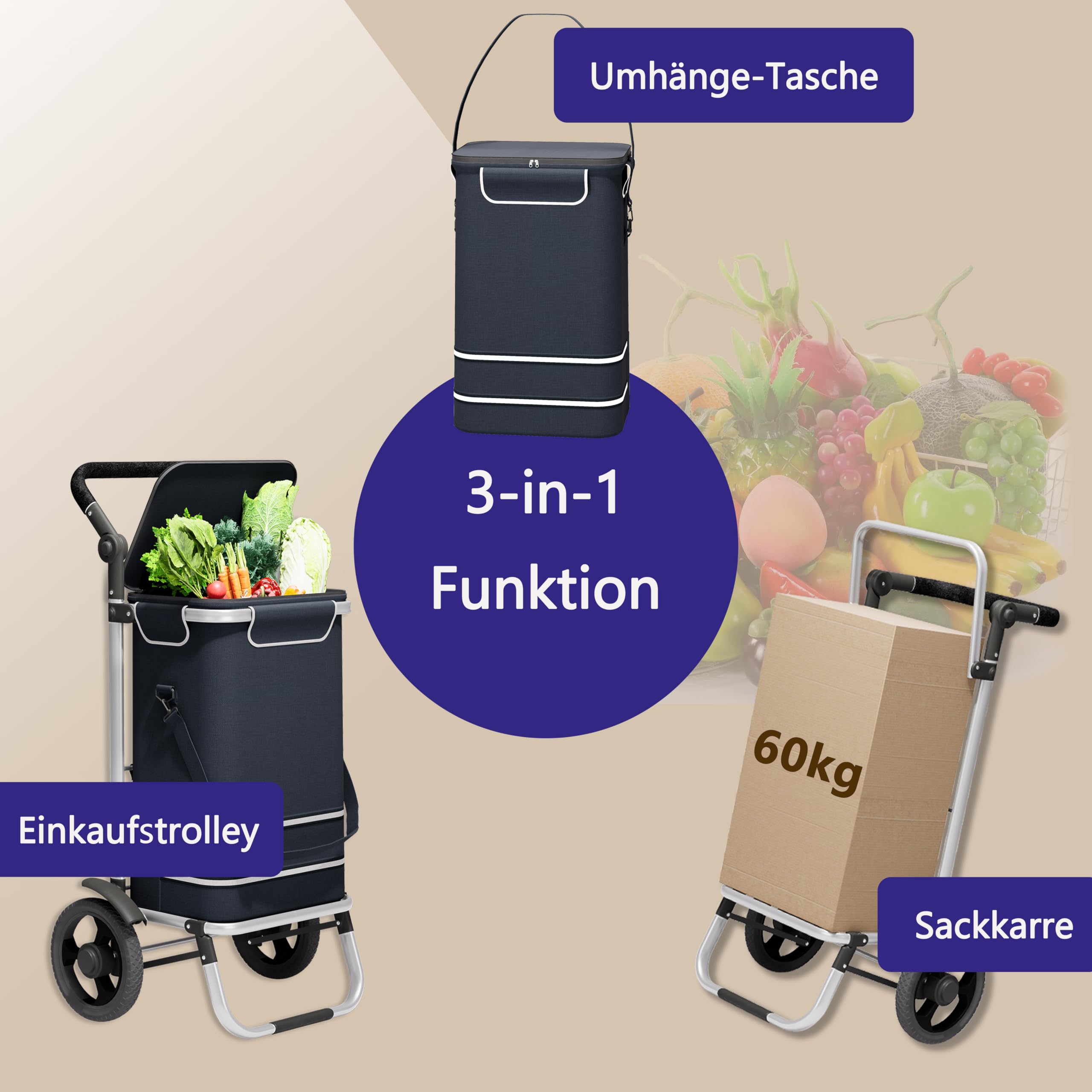 Einkaufstrolley 64L groß - Einkaufswagen klappbar, Trolley bis 60kg, Einkaufstasche mit Rollen und Kühlfach, Einkaufsroller mit Reflektor, Handwagen inkl. Einkaufswagenchip, Schwarz