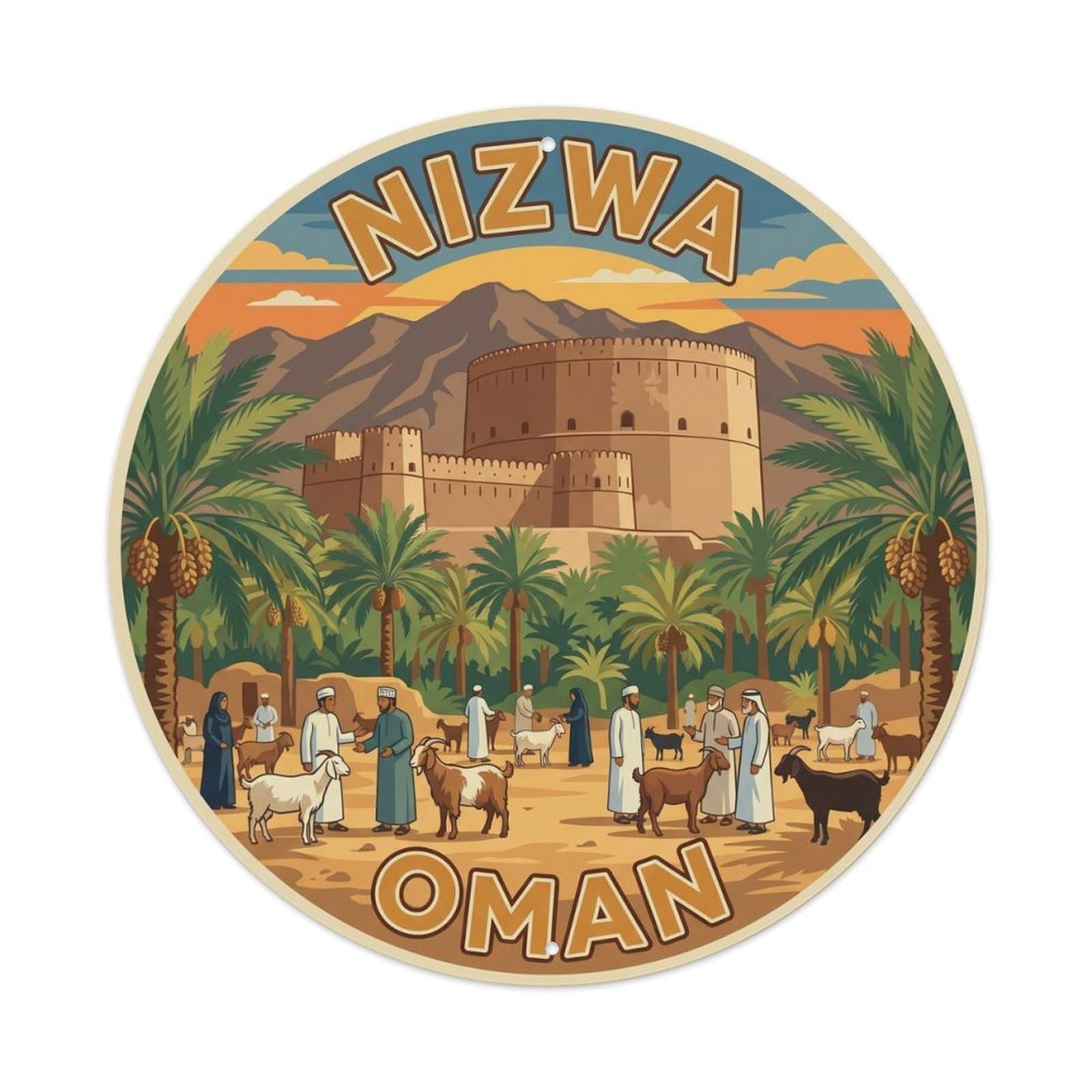 Vintage Travel Oman Nizwa Fort Vintage Metal Tin Sign Plaque Wall Decor for Cafe, Club Bar, Office, Garden Metal Poster 8x8Inch