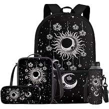 Gothic Sun Moon Stars Backpack for Girls Kids Backpack with Lunch Box Water Bottle Holder and Soft Pencil Case 4PCS Set Bookbag with Front Pocket for School 17 inch Large Capacity School Bag