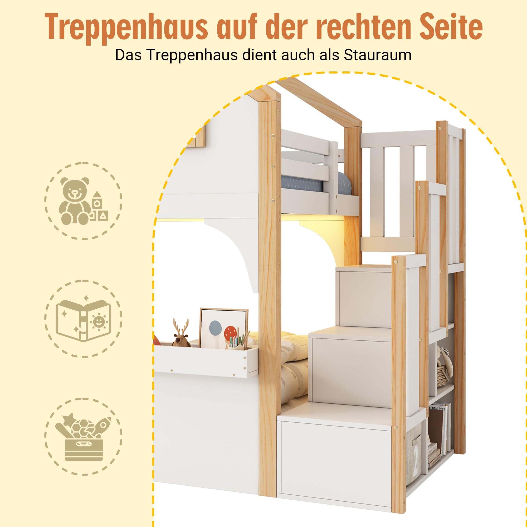 Haus-Etagenbett Kinderbett 90x200 cm mit LE/D Funktionen, Innovativer Stauraumtreppe, Fantasievollem Fenster-Design, Holz + MDF, Geeignet für 2 Kinder, Weiß + Natur