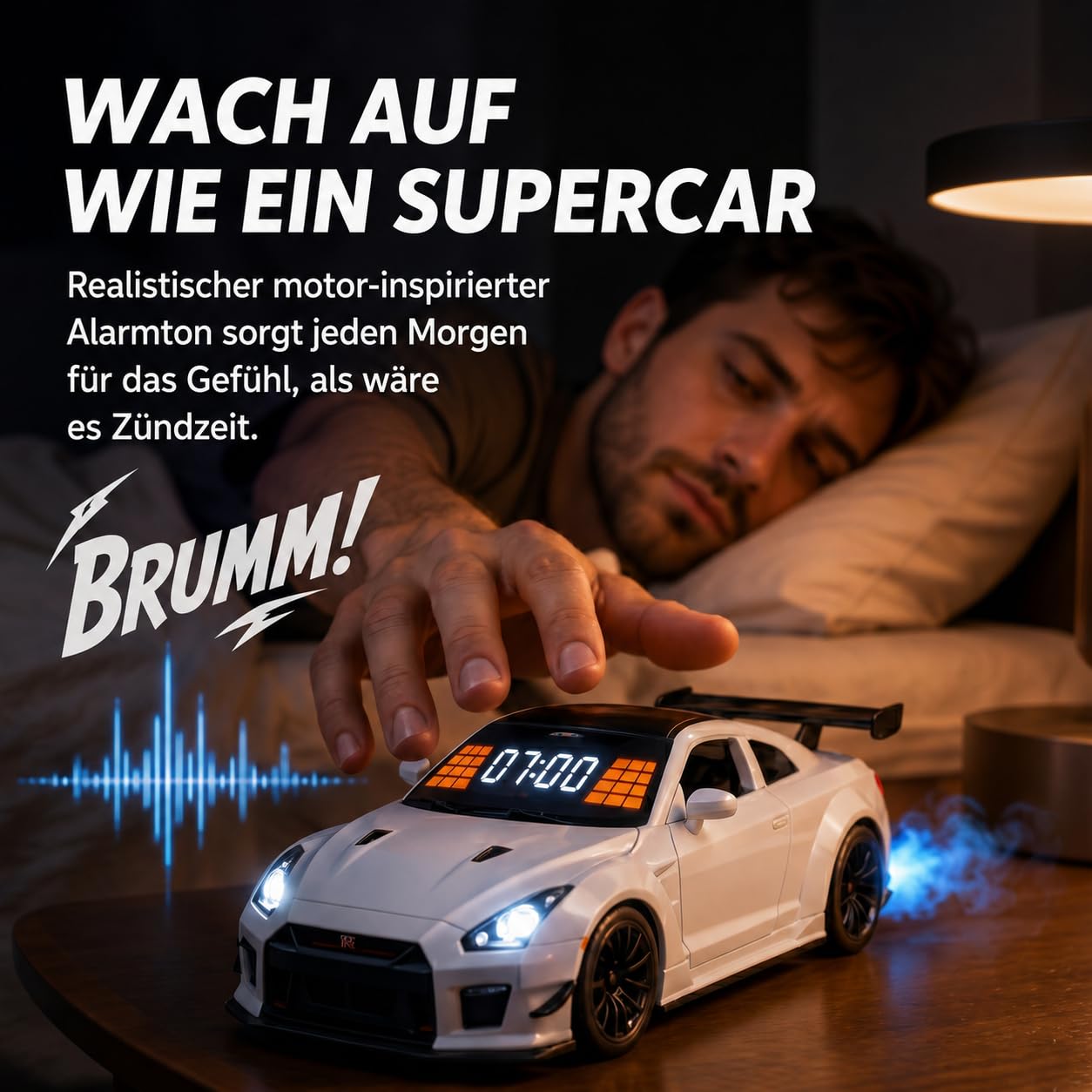 Hypercar Auto Wecker mit Motor Sound – Car Alarm Clock mit LED-Lichtern & Auspuff-Nebeleffekt, Realistischer Wecker Auto mit Motorgeräusch, Digitaler Autowecker für Schlafzimmer, Büro & Gaming (S-1)