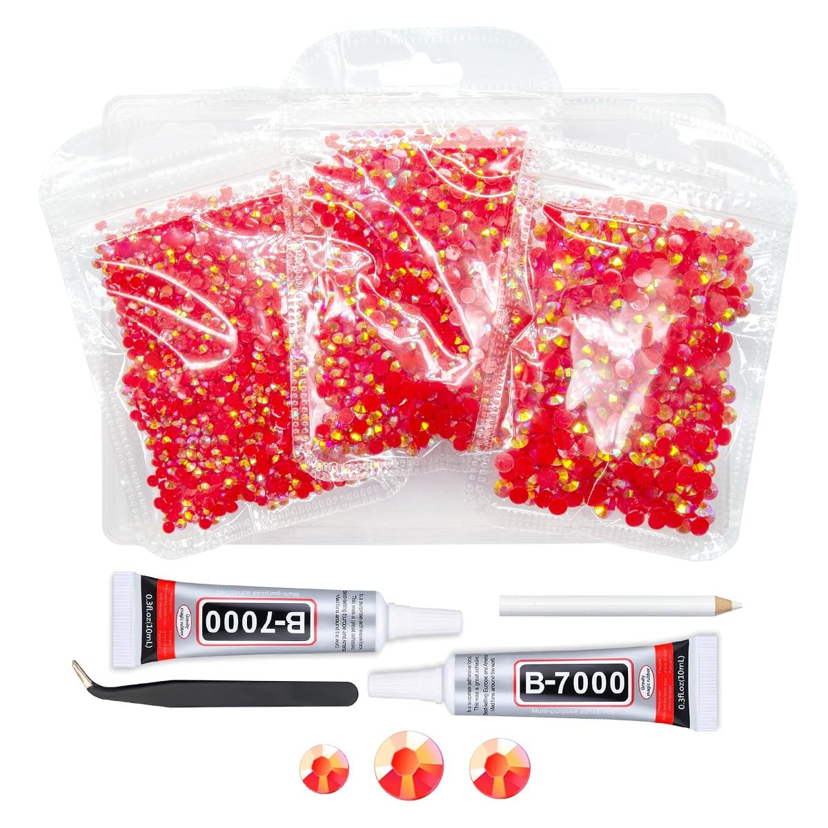qiipii Red AB Resin Rhinestones with B7000 Jewelry Glue for Bedazzling 3mm- 5mm Flatback Jelly Stones Bulk for Crafting SS10- SS20 Diamonds Crystals