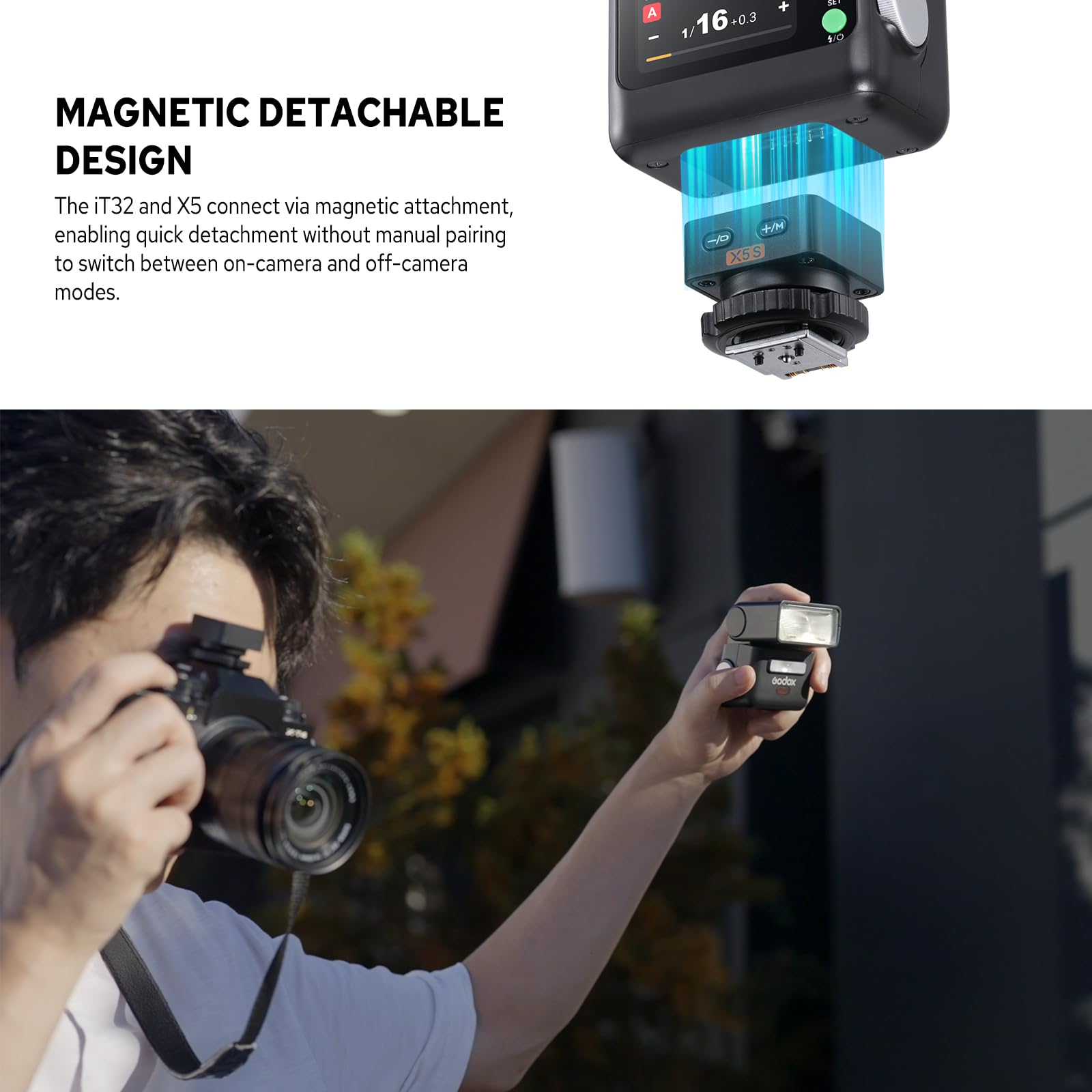 Godox IT32 TTL Kamerablitz mit X5S-Blitzauslöser für Sony-Kameras, magnetischer Blitzschuh und Auslöser, 2-in-1, bunter Touchscreen, drehbarer Blitzkopf, X-System TTL und HSS, LED-Modellierlampe