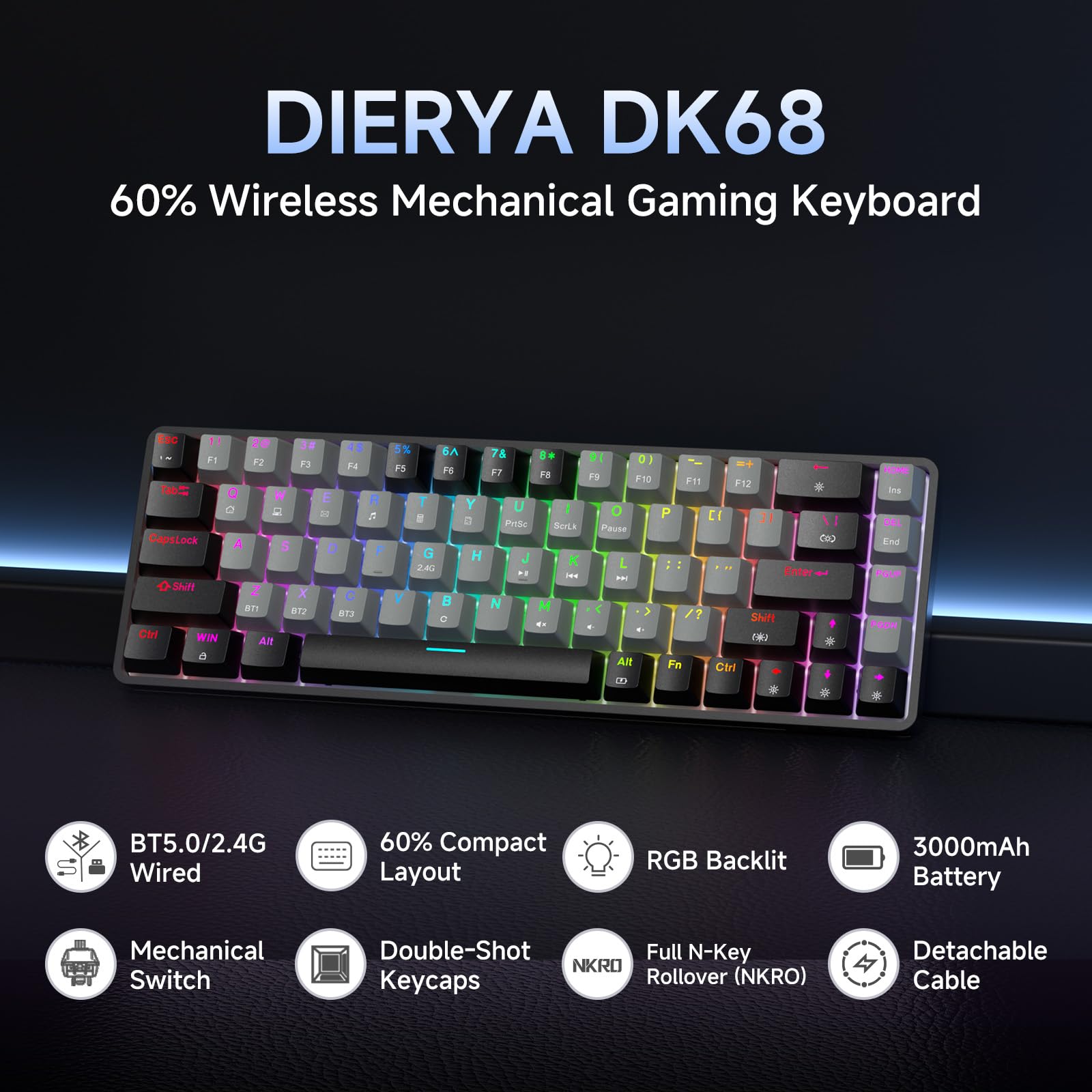 Dierya DK68 Tastiera Gaming Wireless,60% Tastiera Meccanica Bluetooth/2.4G/USB-C RGB,Interruttore Rosso,Double-Shot ABS Keycaps Compatibile con Win/Mac,Grigio nero-A(Layout US,QWERTY)