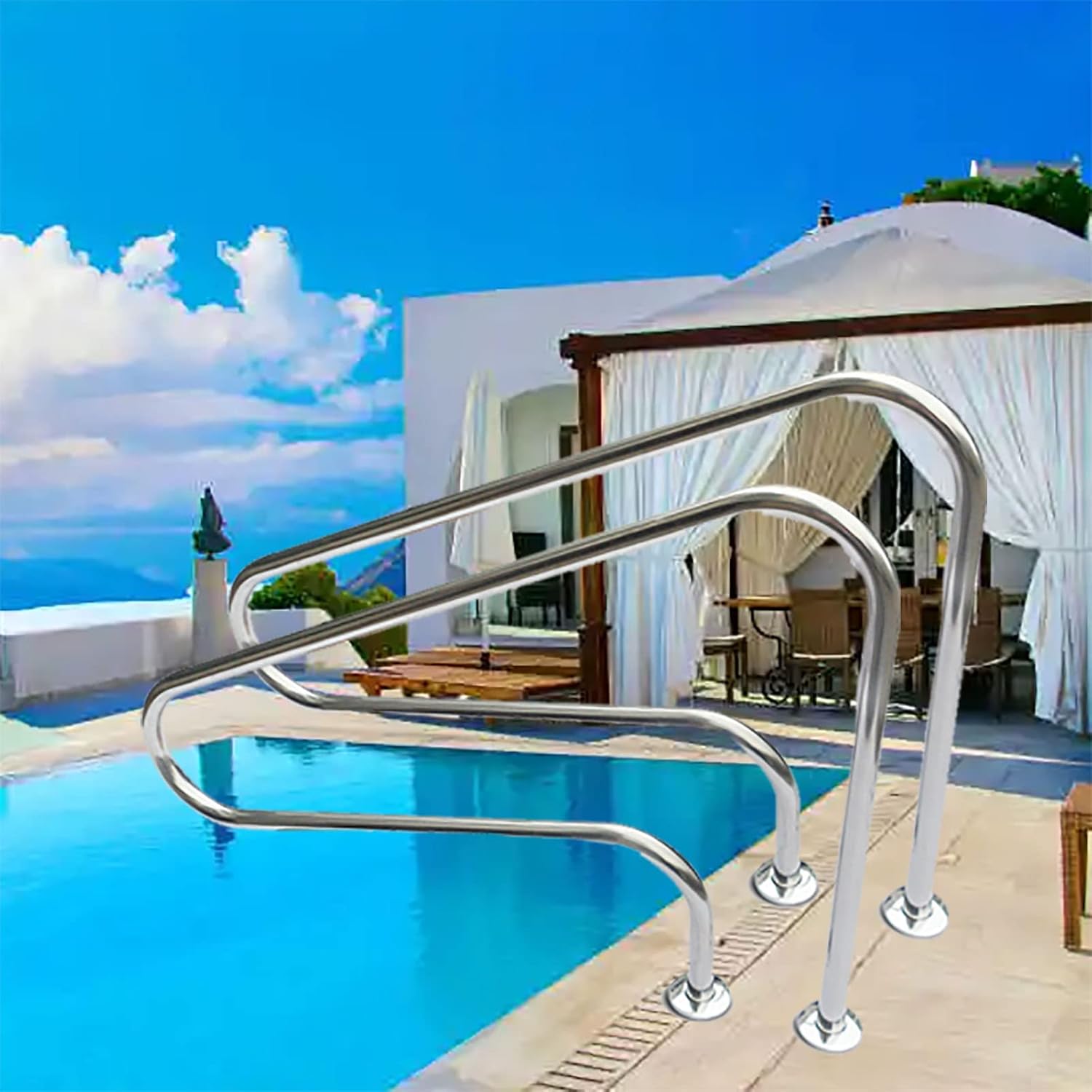 2PCS Pool Safety Handrails, 304 Stainless Steel Pool Hand Rail with Quick Mount Brace Plate Safety Swimming Pool Hand Railing for Swimming Pools Pontoons