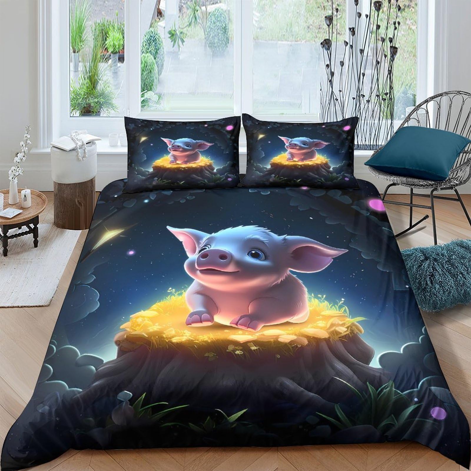 P5V6M1Q9 3D Printed Cute Piggy Nest Duvet Cover Microfiber Soft Breathable Cartoon Bedding Set with 2 Pillowcases for Bedroom Decor Single（135x200cm）