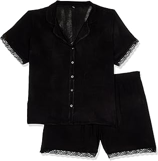 ترنديول طقم بيجامة نسائية منسوجة من الفيسكوز بقبة قميص بتفاصيل دانتيل لون اسود TBBSS25AI00009 مقاس كبير