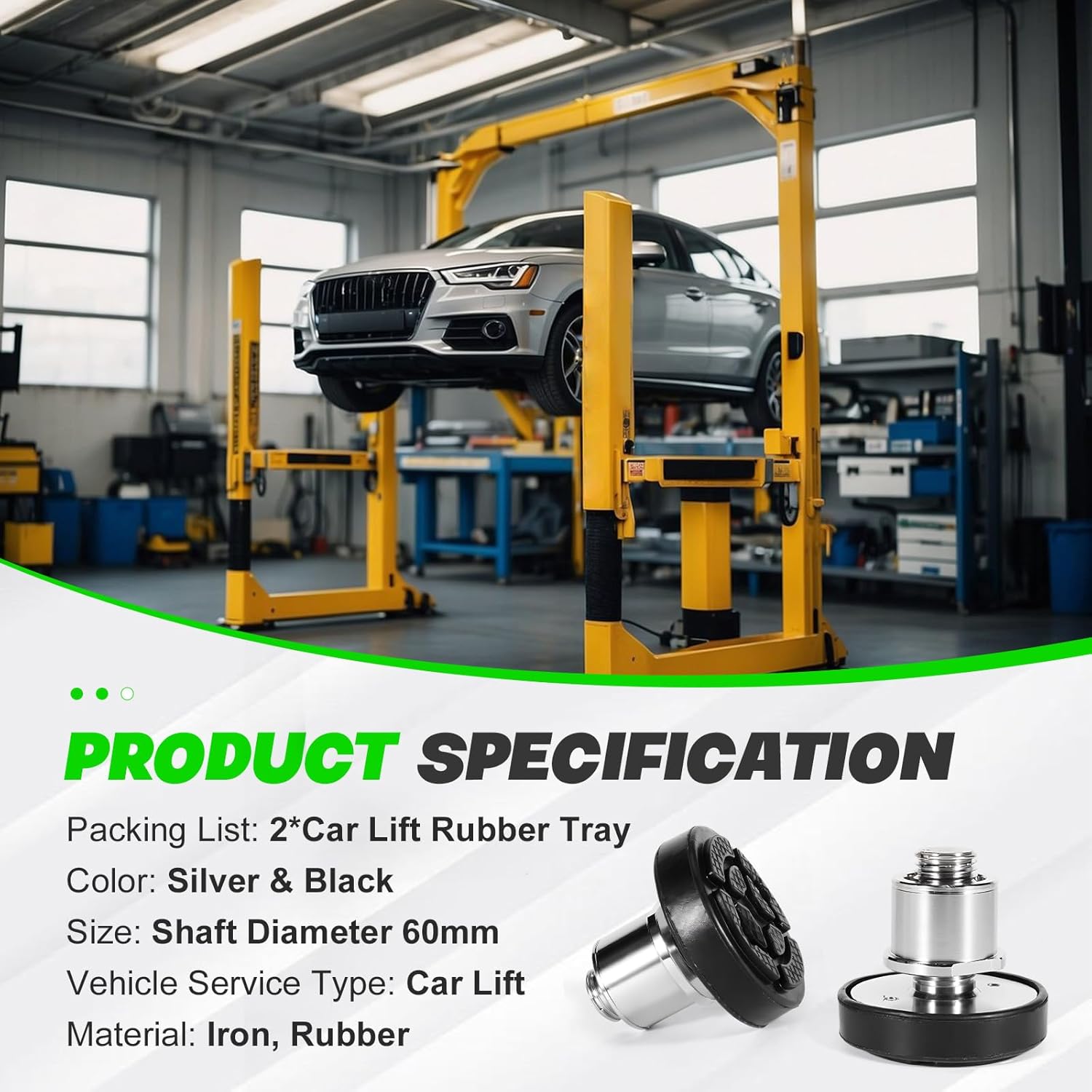 LEAPTREND 2pc 60mm Shaft Diameter Car Lift Rubber Tray, Screw-Up Lift Peg Pads with Telescopic Round Two-Hole Adapter, High Leg Pads and Heightening Feet